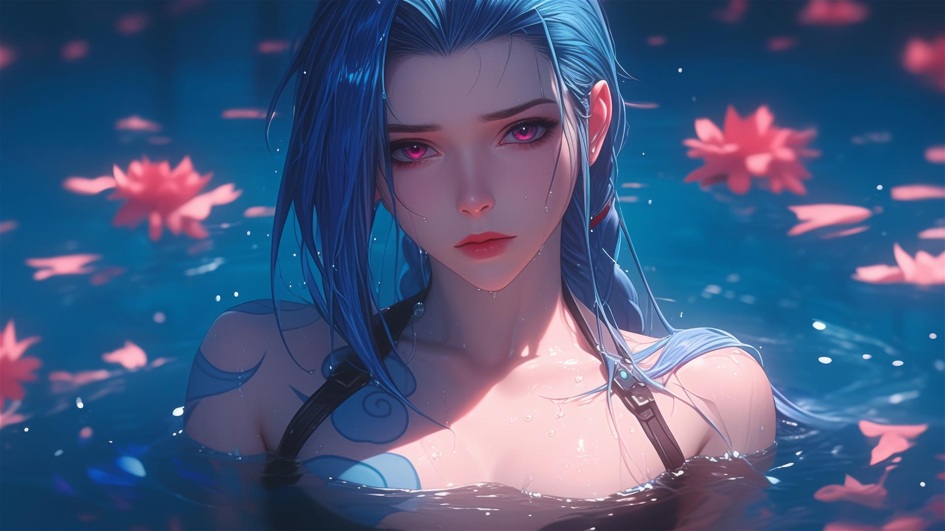 Jinx from League of Legends in a flower-filled tub in a Chinese spa