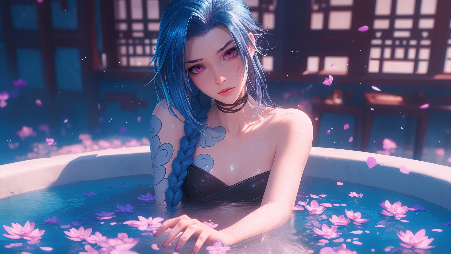 Full body shot of Jinx from League of Legends in a flower-filled tub in a Chinese spa.