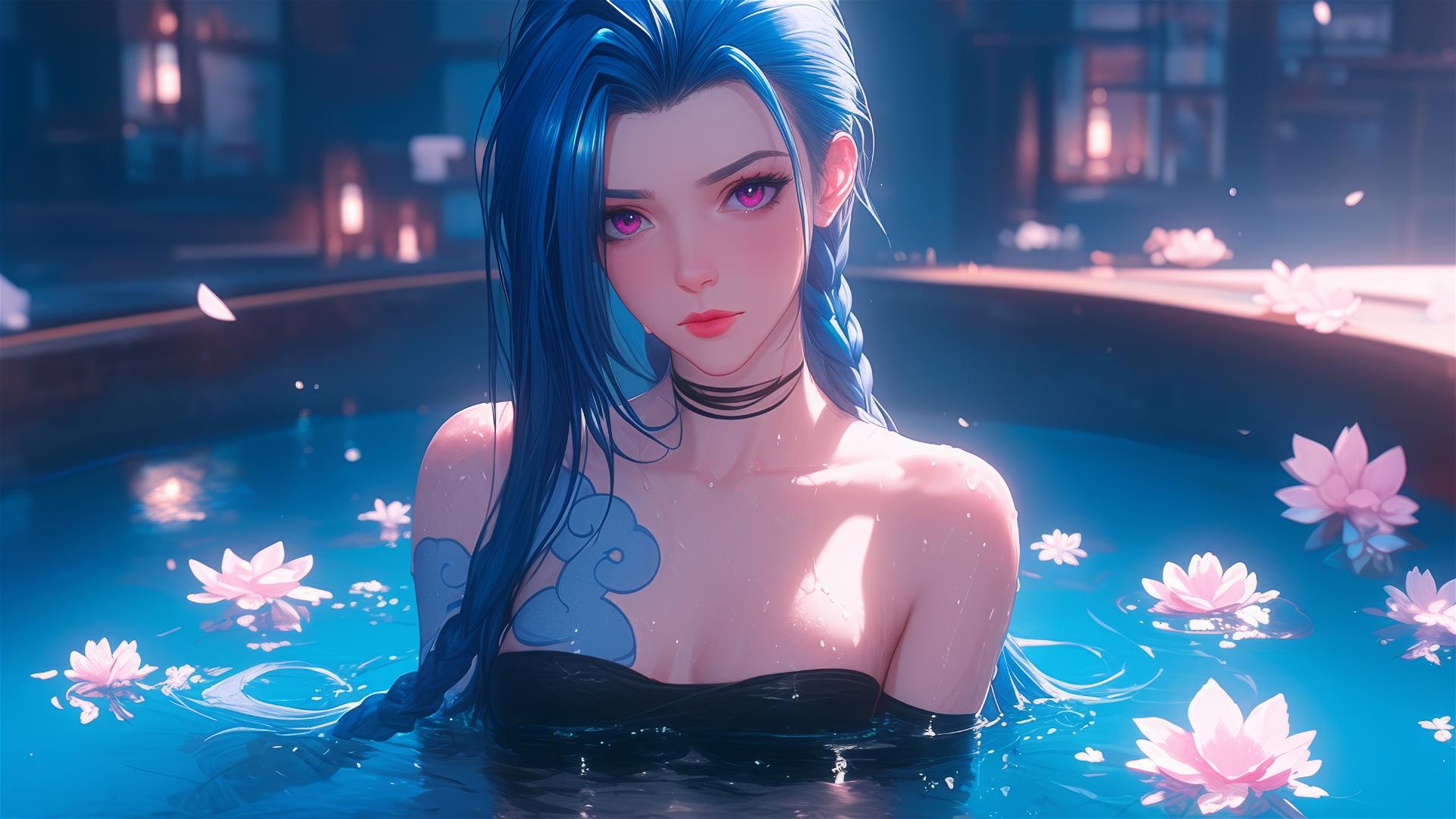 Jinx from League of Legends in a flower-filled tub at a Chinese spa