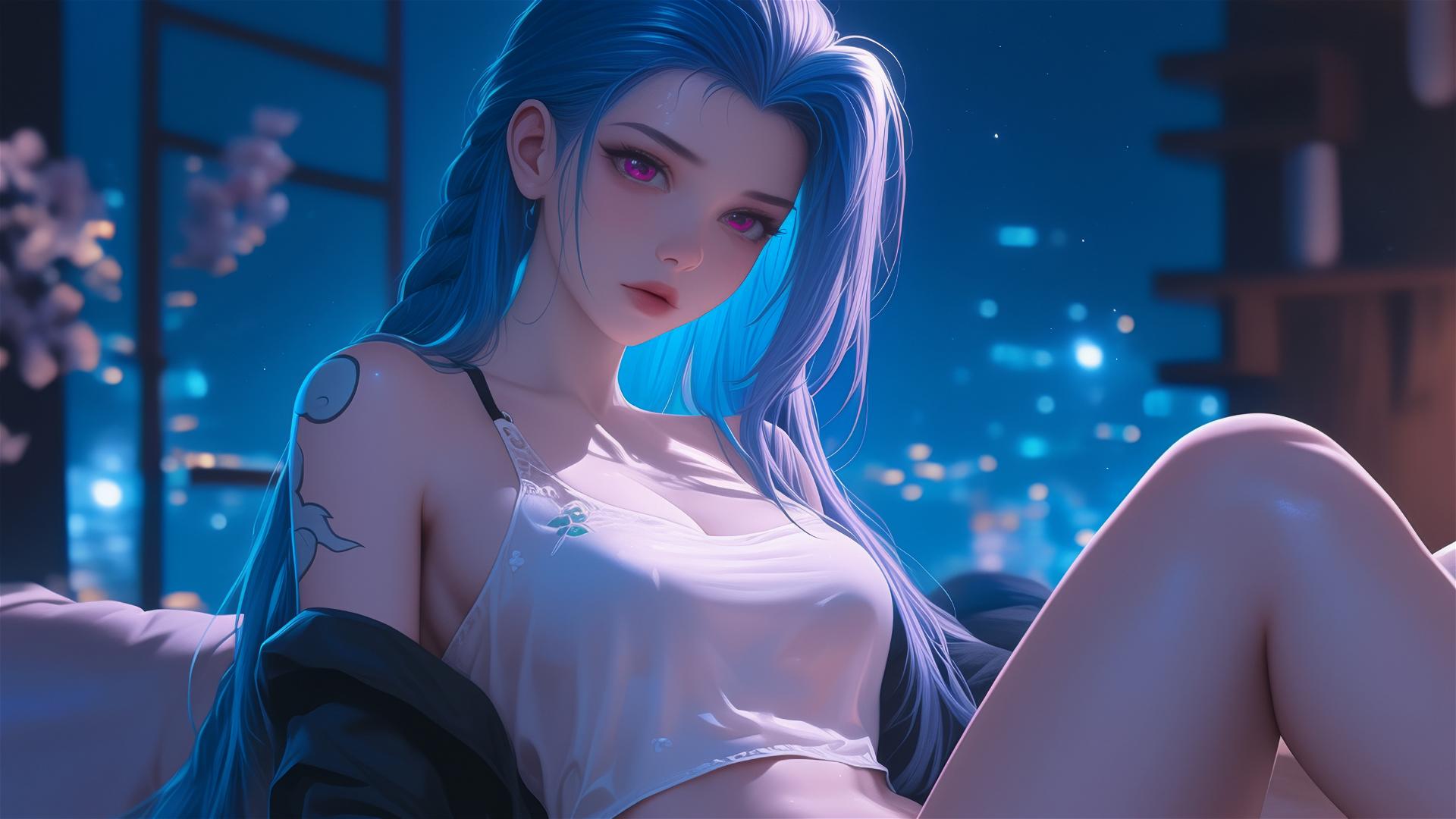 Jinx from League of Legends sitting in an apartment illuminated by moonlight