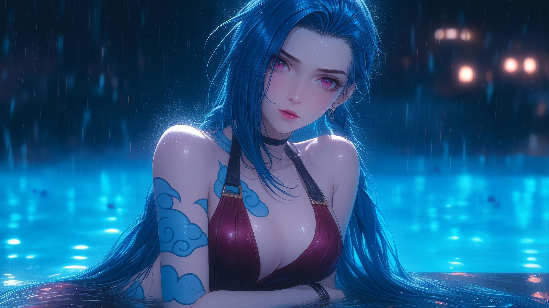Jinx from League of Legends resting at a rainy pool with moonlight, pink eyes.
