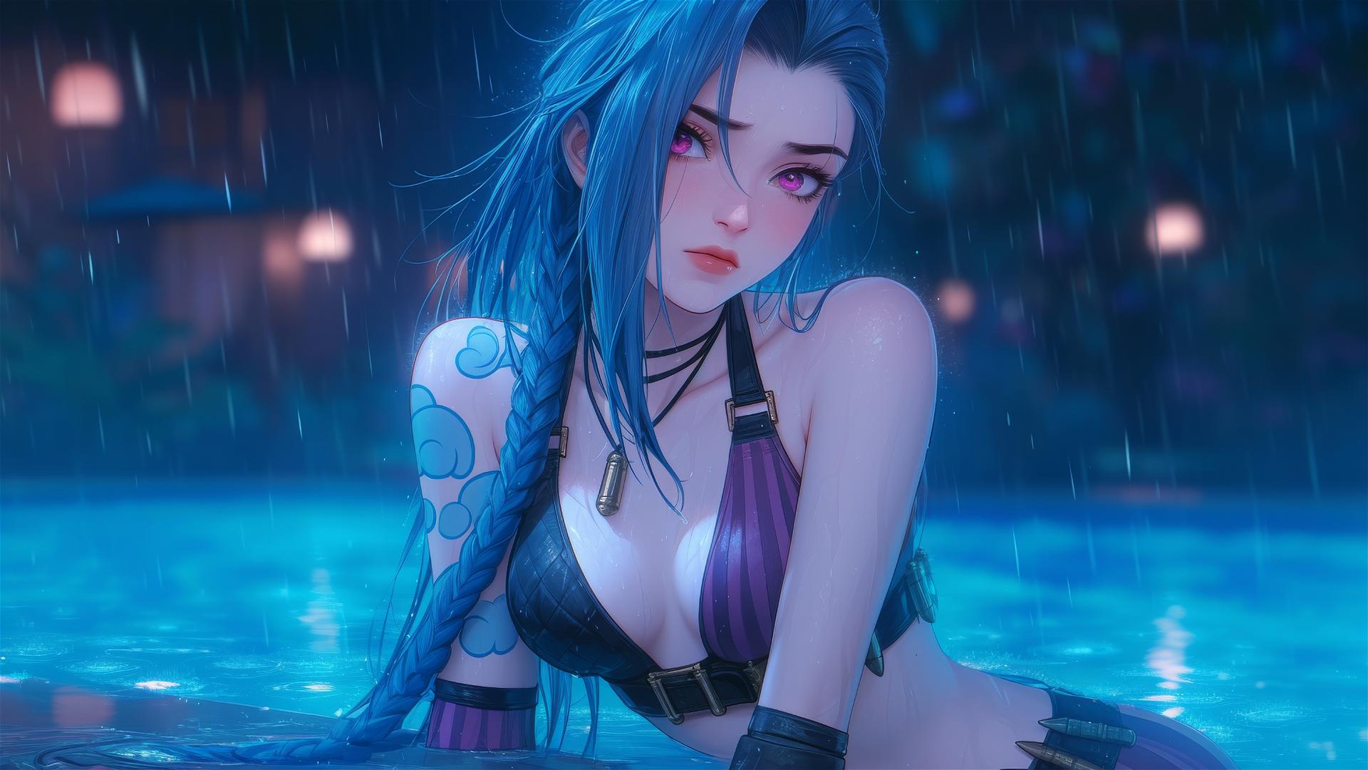Jinx from League of Legends resting by a rainy pool with moonlight