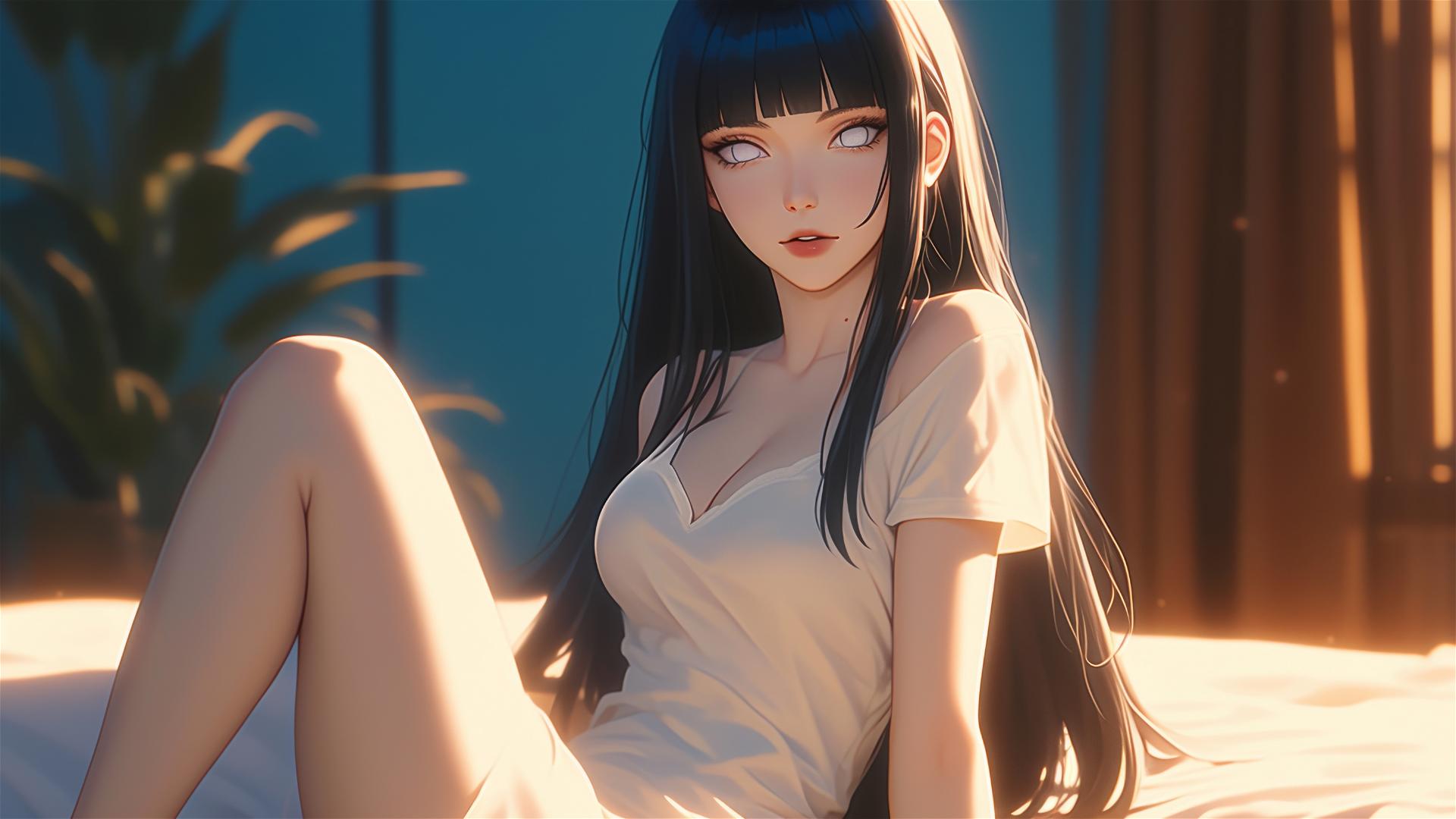 Hinata Hyuga from Naruto sitting in a modern hotel with warm light