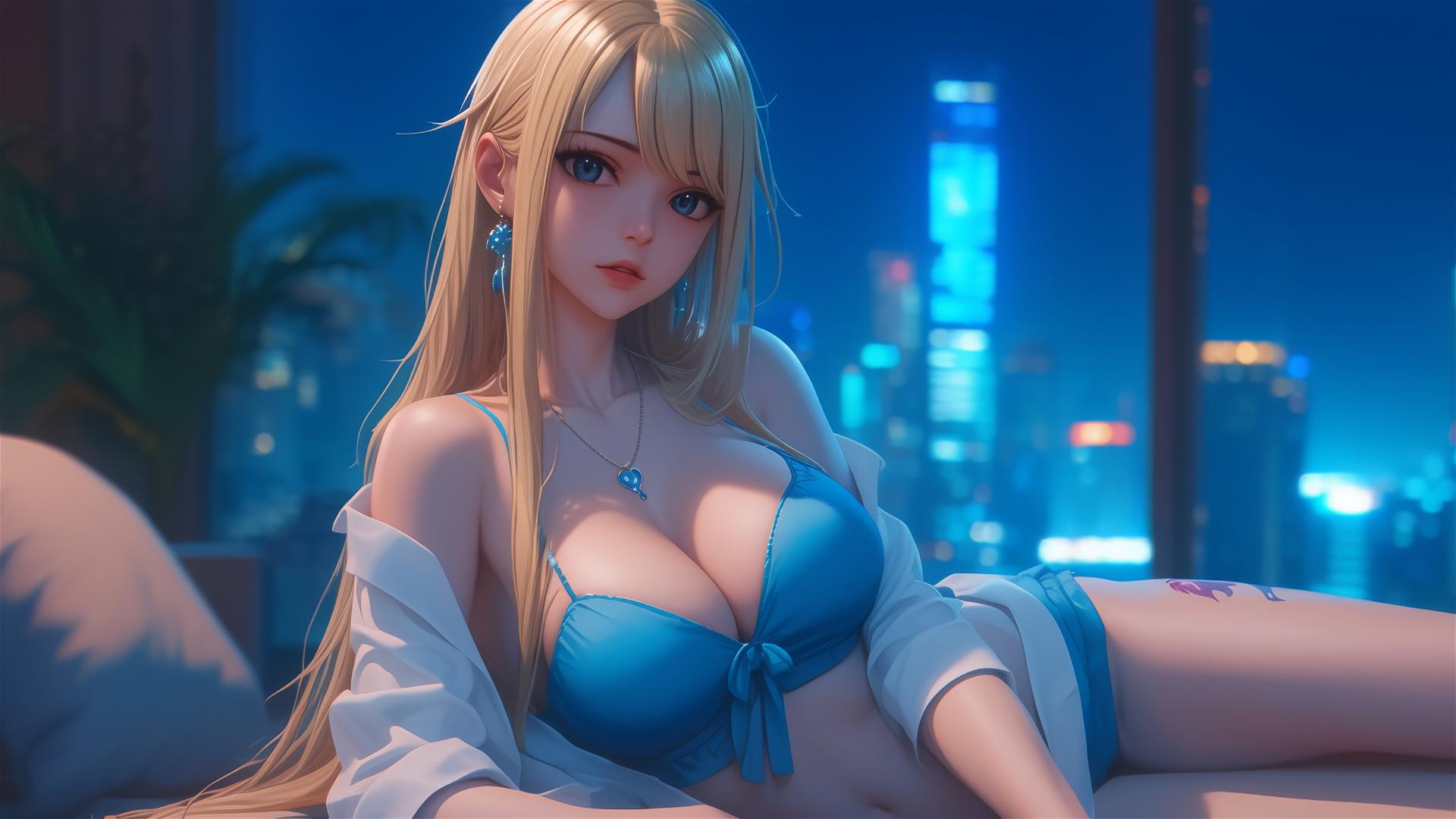 Lucy Heartfilia resting in a modern apartment with moonlight glow