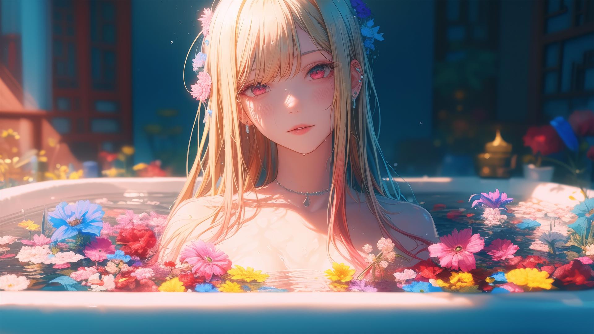 Marin Kitagawa in a tub full of flowers at a Chinese spa, with silky blonde hair tipped with pinkish-red or citrus orange and pinkish eyes.