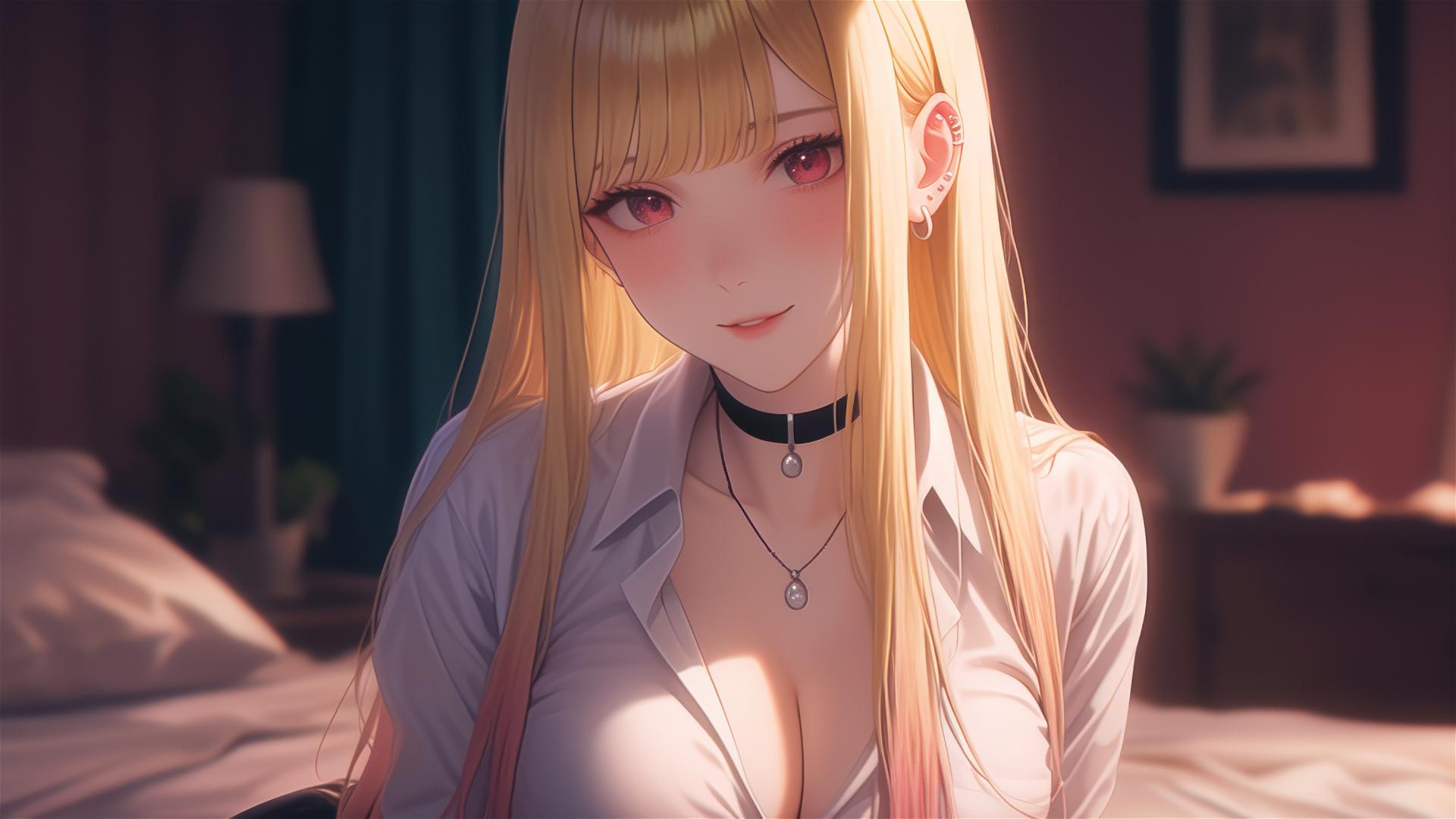 Marin Kitagawa sitting on a hotel bed under moonlight