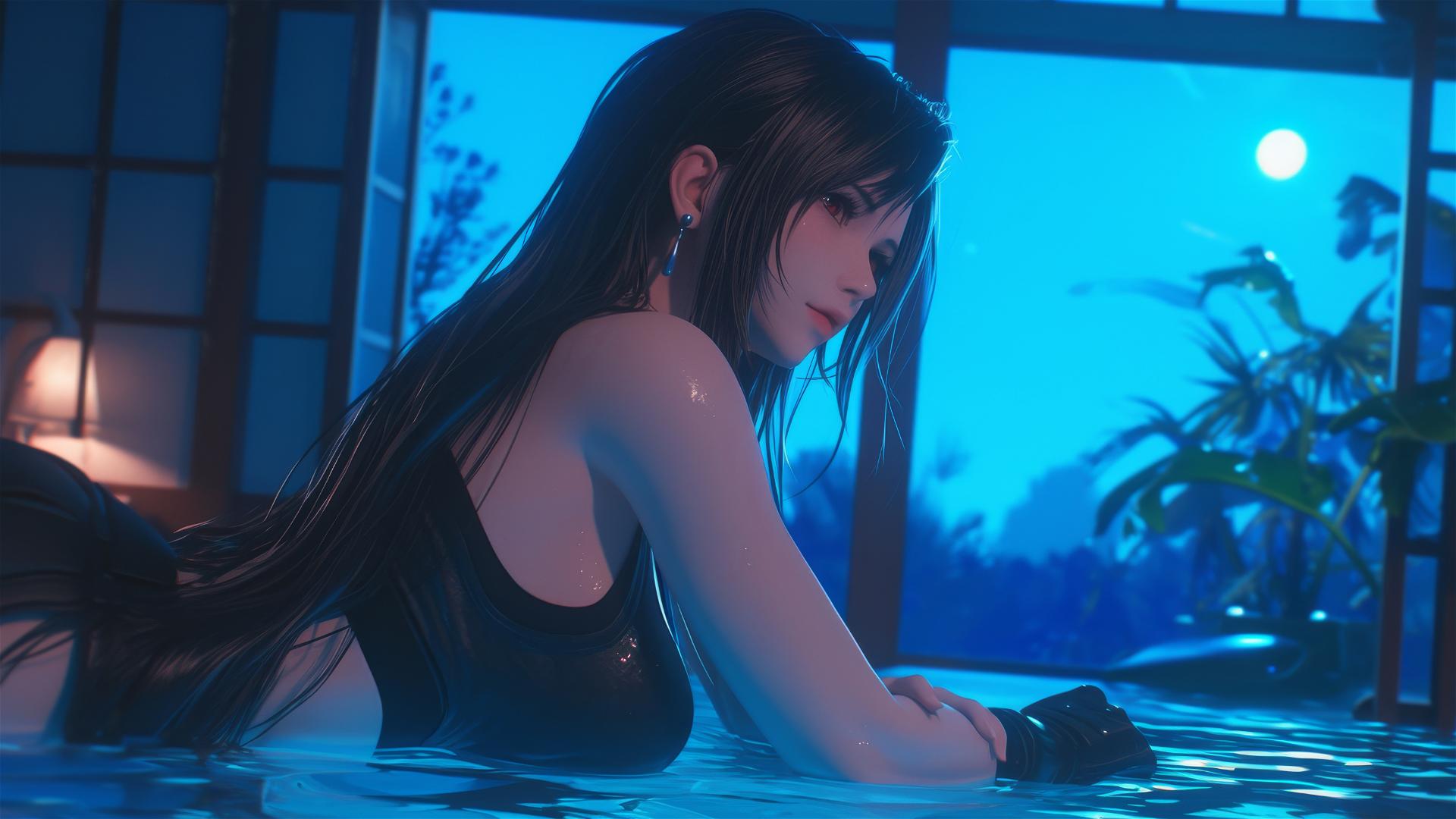 Tifa Lockhart resting in her room, moonlight casting a soft glow