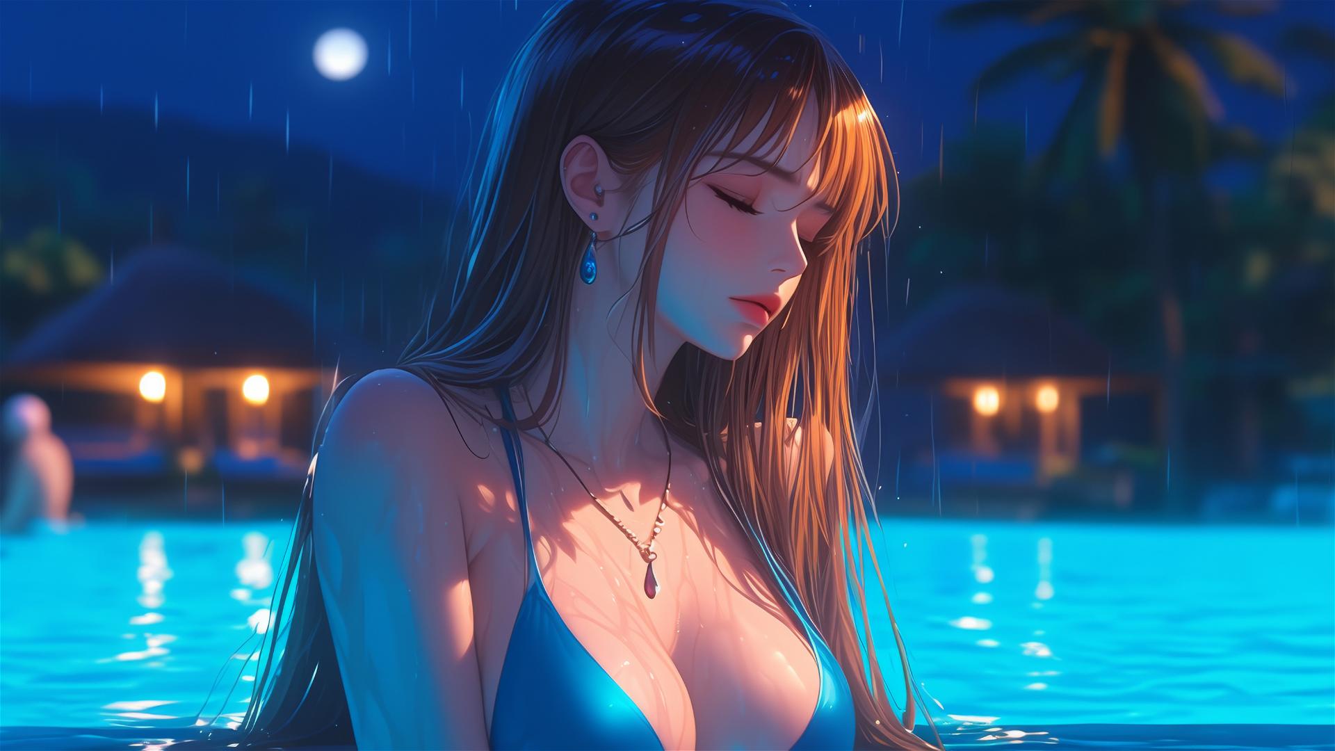Nami from One Piece resting by a pool in moonlight