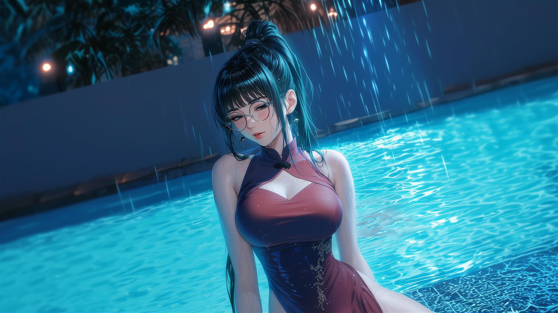 Maki Zenin resting by the pool under moonlight, wearing glasses and a pink dress