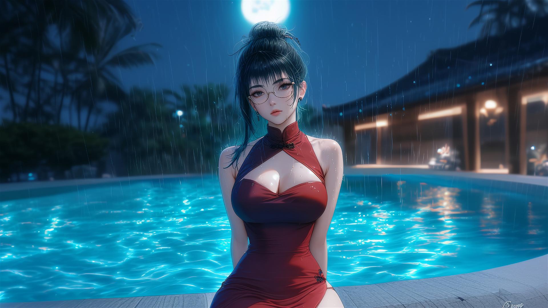 Maki Zenin from Jujutsu Kaisen resting by a pool under moonlight, wearing glasses and a red dress