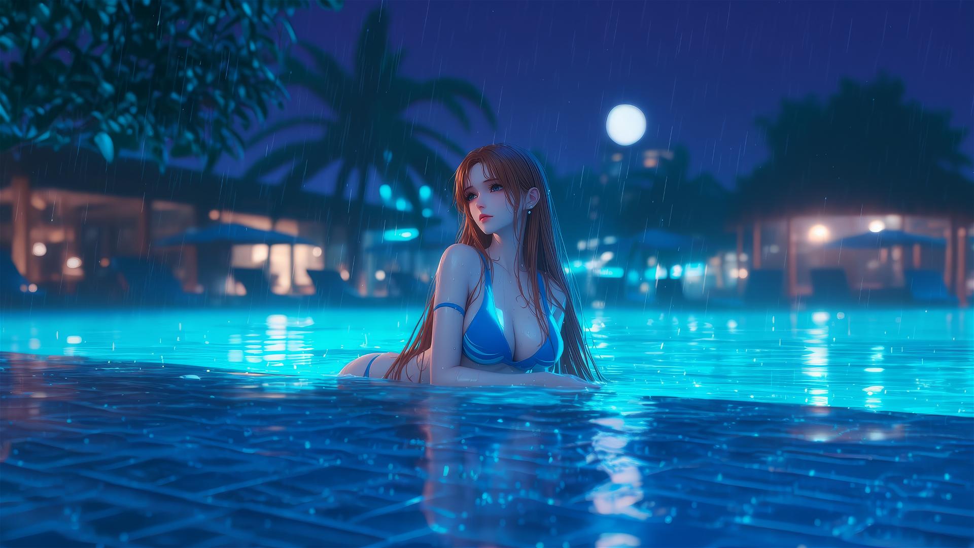 Nami from One Piece resting by a pool under moonlight in the rain