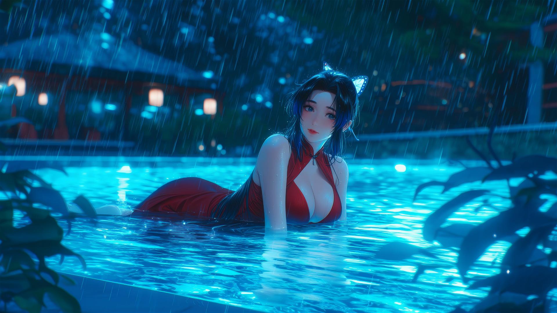 Shinobu Kocho resting by a rainy swimming pool under moonlight, wearing a red dress