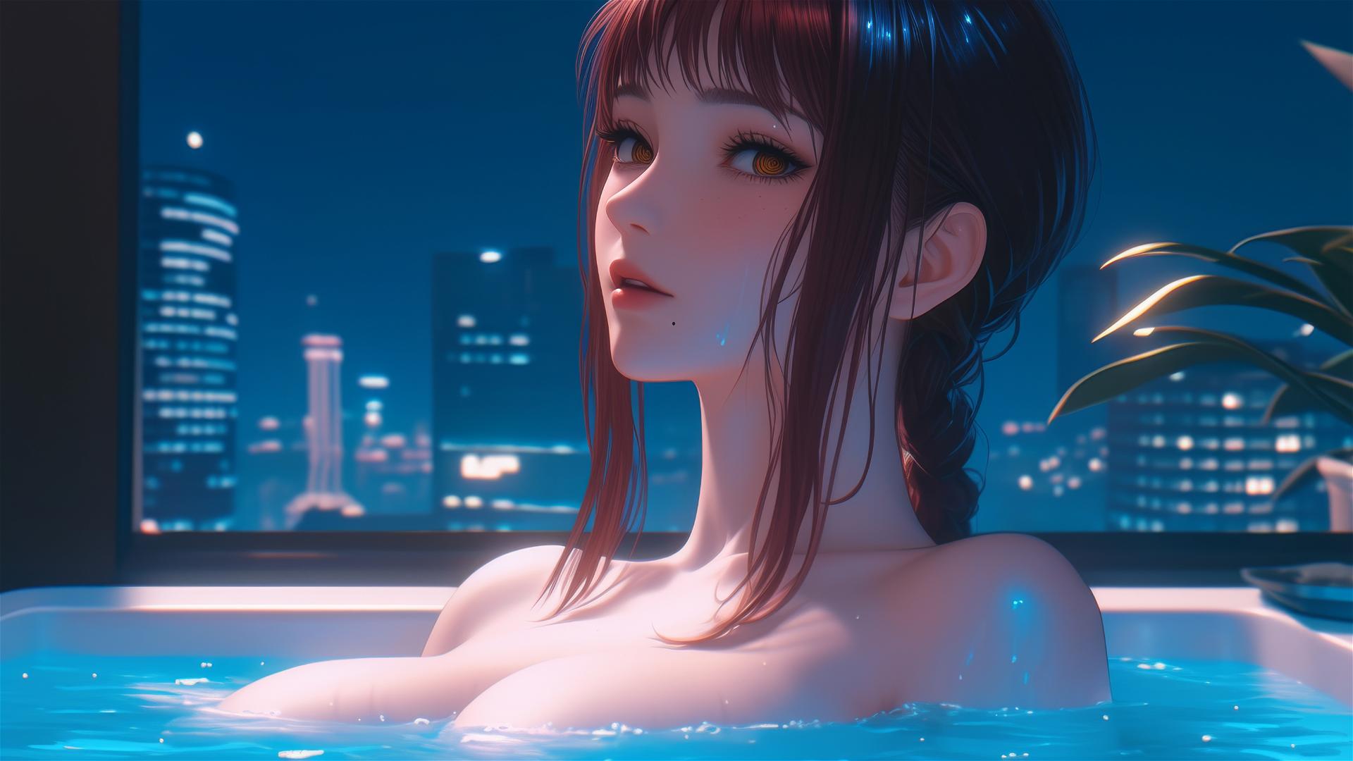 Makima resting in a tub, moonlight glow, reddish hair