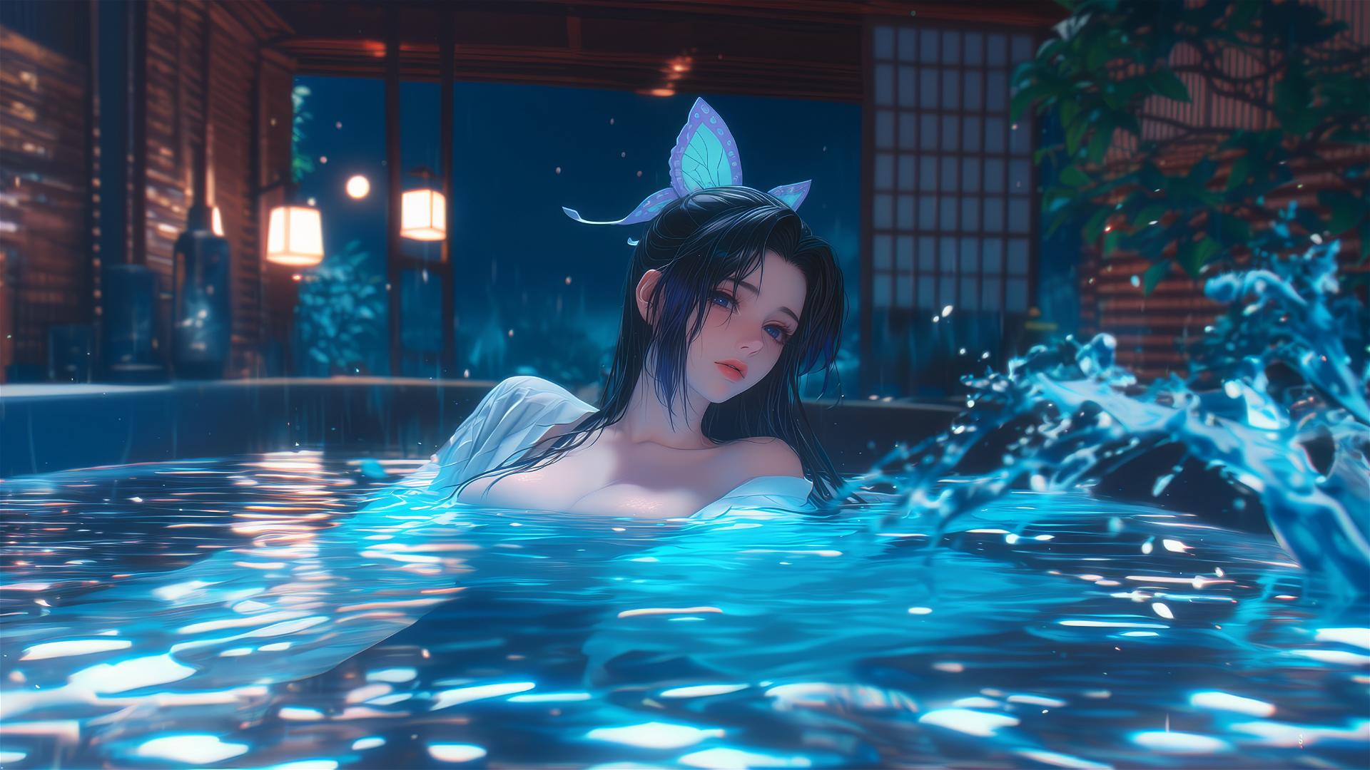 Shinobu Kocho from Demon Slayer resting in a tub with moonlight glow