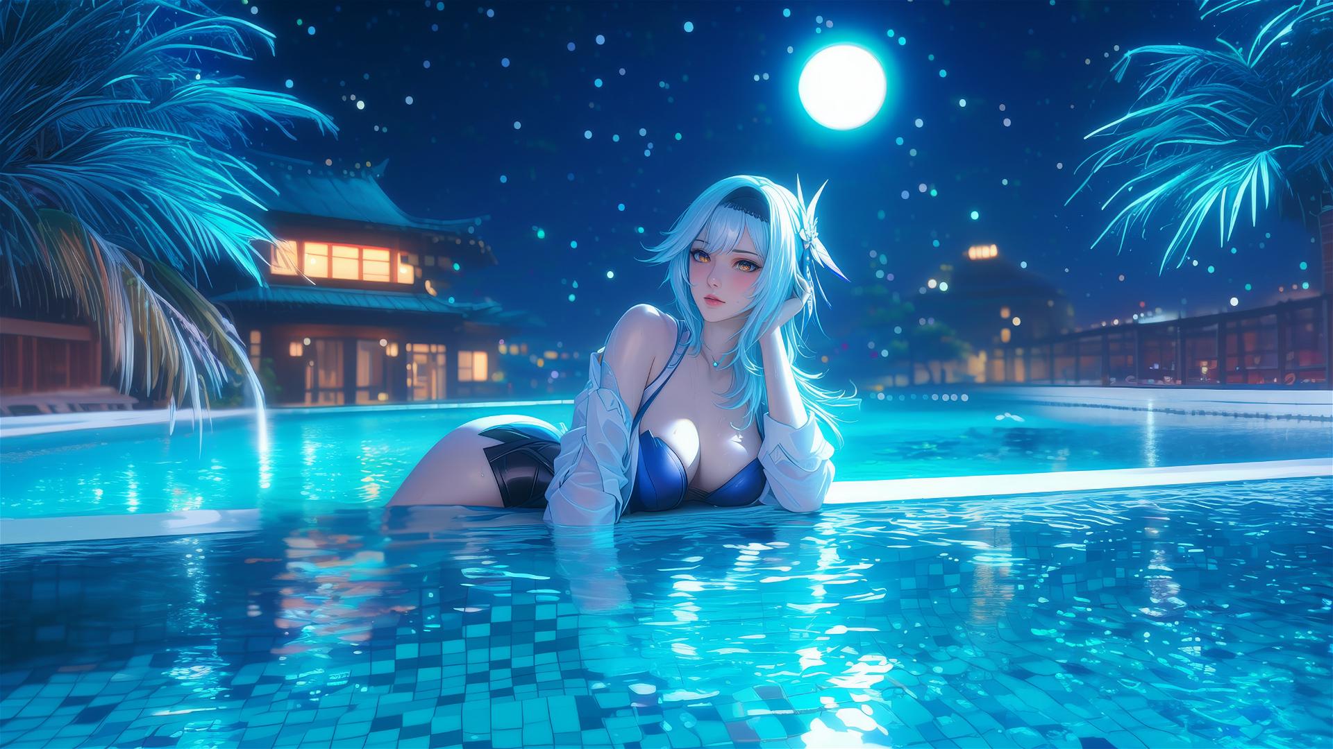 Eula Lawrence from Genshin Impact resting at a swimming pool under moonlight with light blue hair.