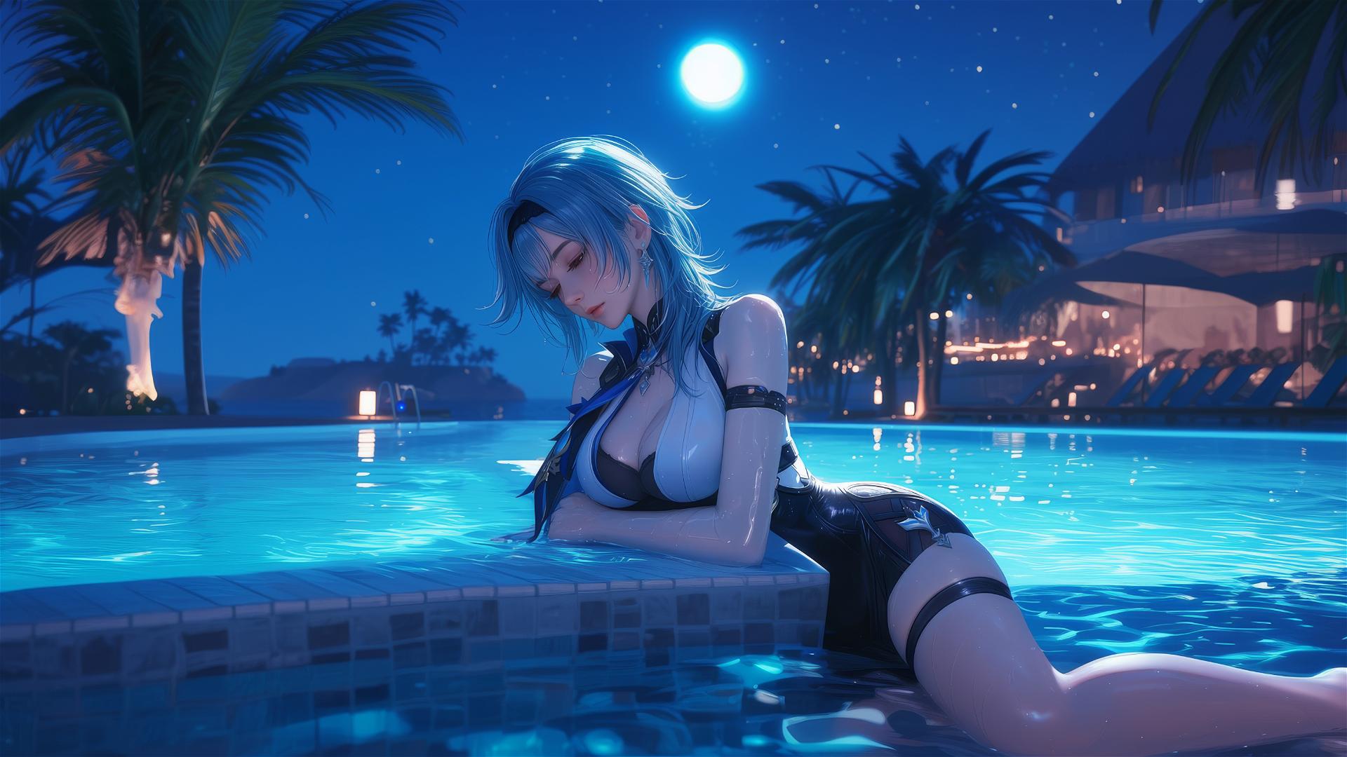 Eula Lawrence resting by a pool under moonlight, light blue hair