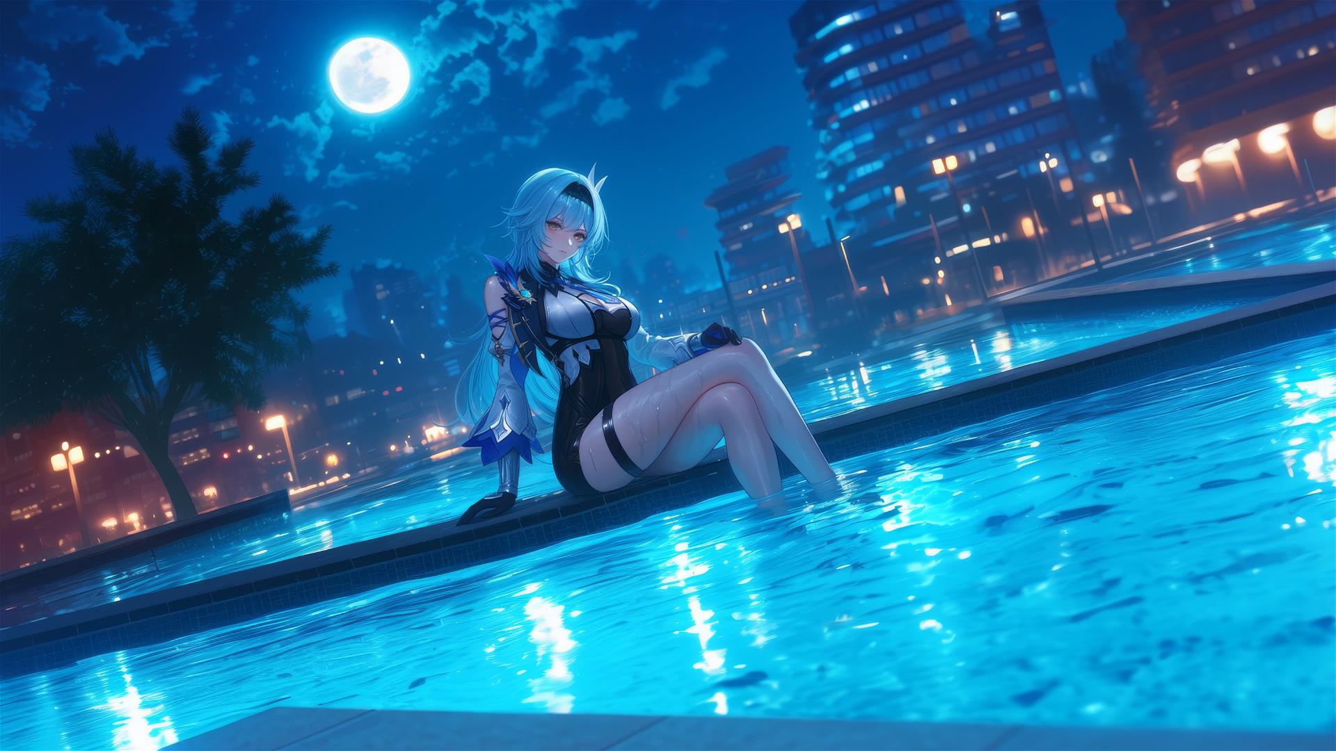 Eula Lawrence from Genshin Impact resting at swimming pool under moonlight