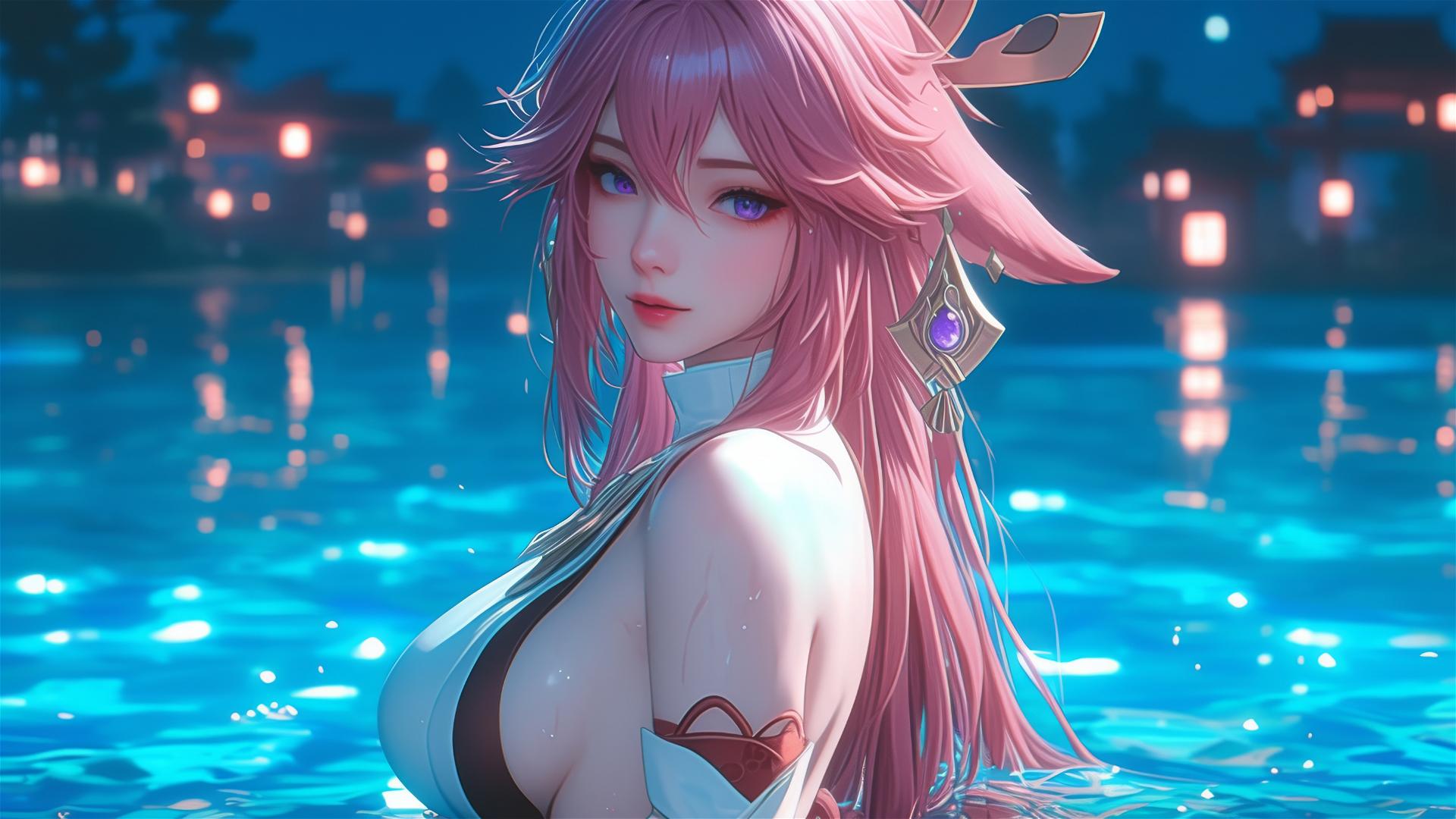 Yae Miko from Genshin Impact resting at a swimming pool under moonlight