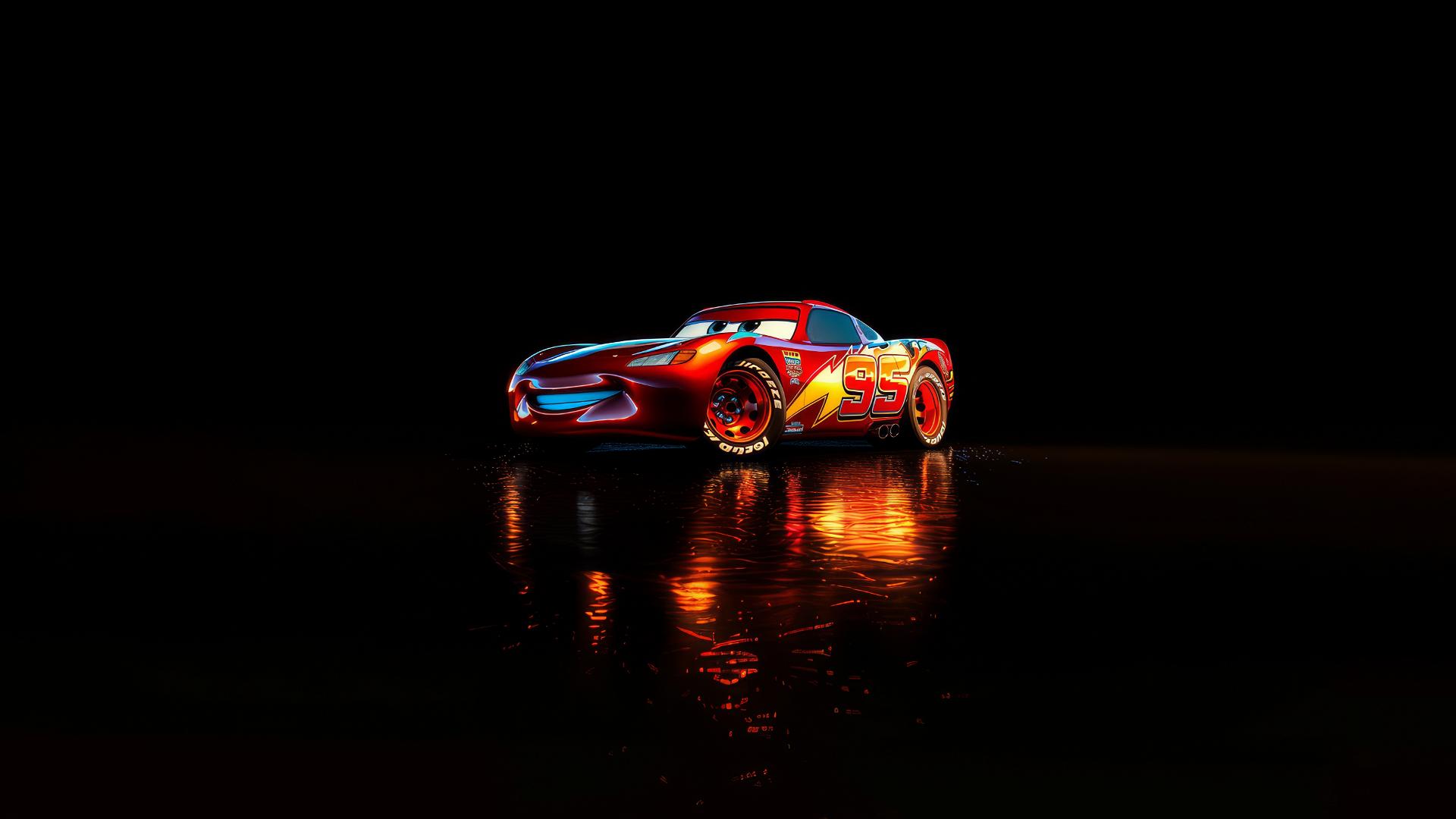 Front view of Pixar-style Lightning McQueen from Harry Potter under spotlight
