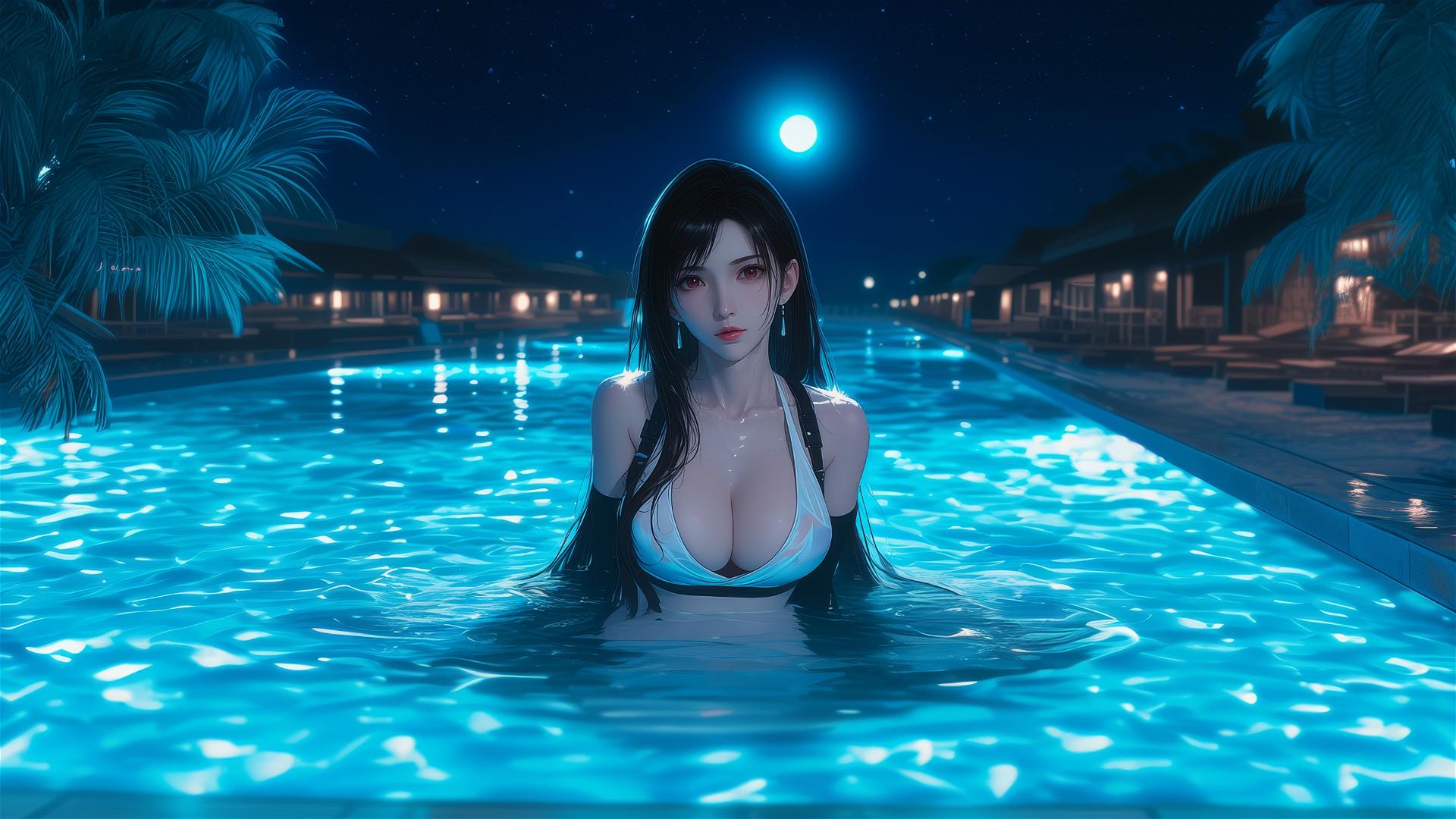 Tifa Lockhart resting at a swimming pool under moonlight.