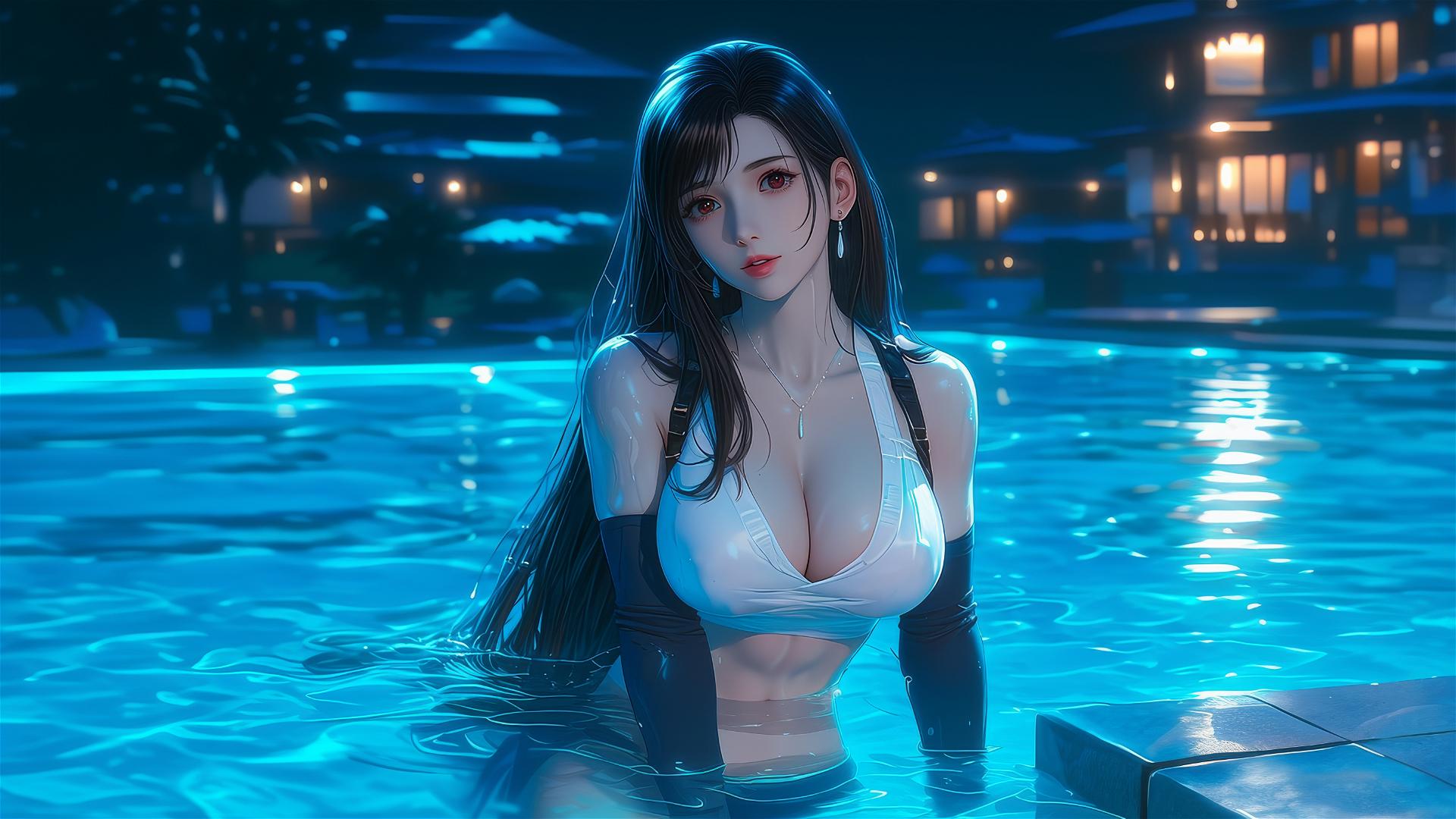 Tifa Lockhart resting at a moonlit swimming pool