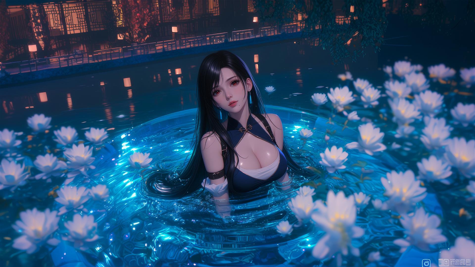 Tifa Lockhart in flower-filled tub at Chinese spa.