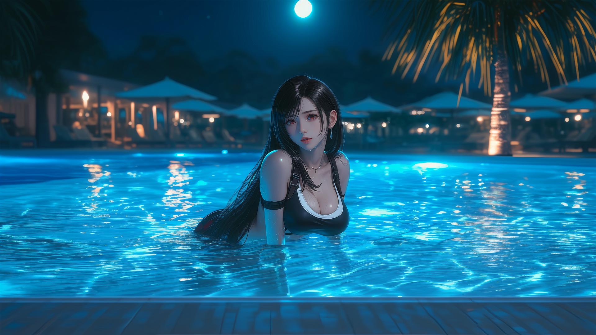 Tifa Lockhart relaxing by the pool under moonlight