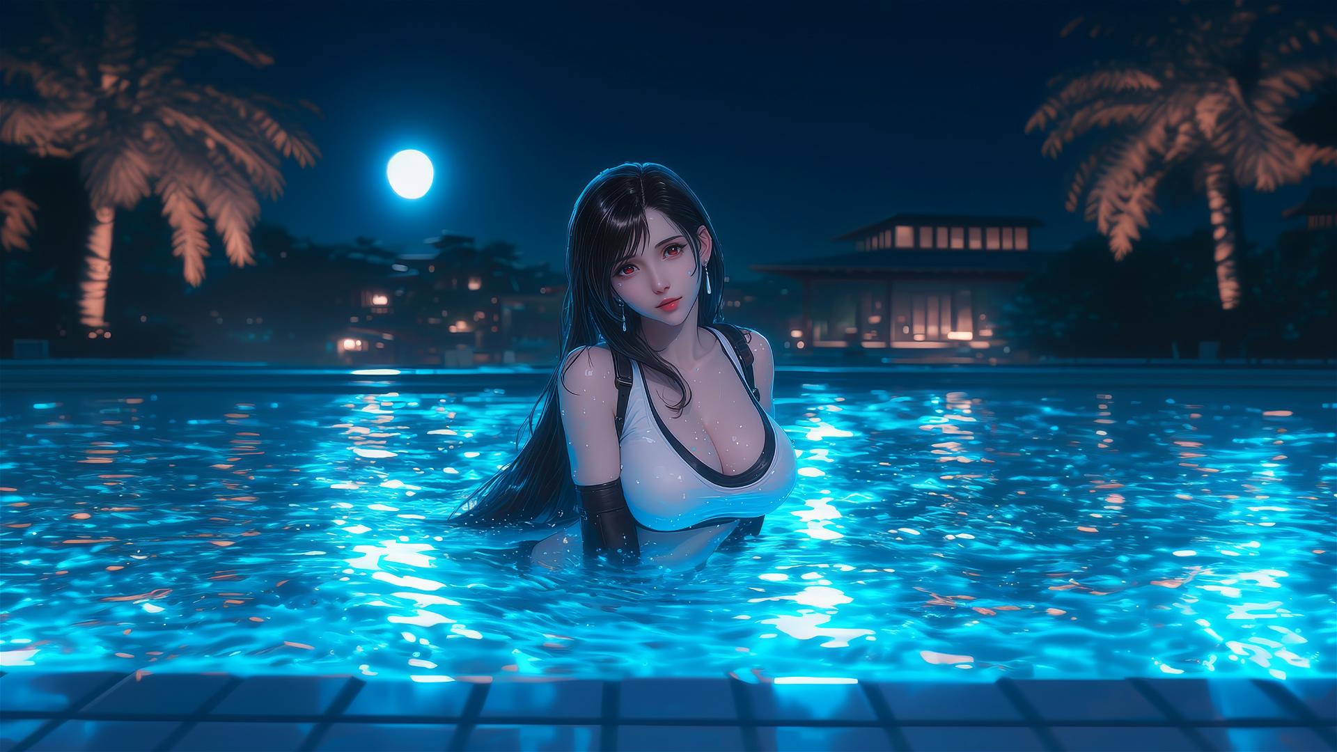 Tifa Lockhart relaxing at a swimming pool under moonlight