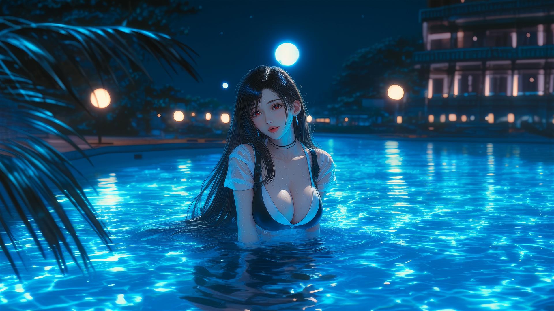 Tifa Lockhart resting by a moonlit swimming pool