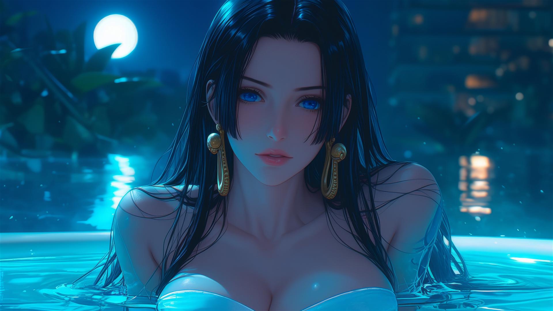 Boa Hancock from One Piece resting in a tub with moonlight glow.