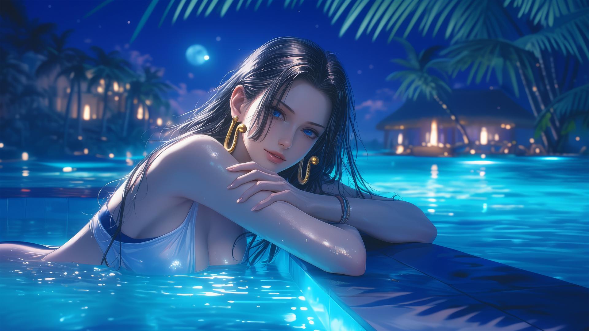 Boa Hancock resting by a swimming pool under moonlight