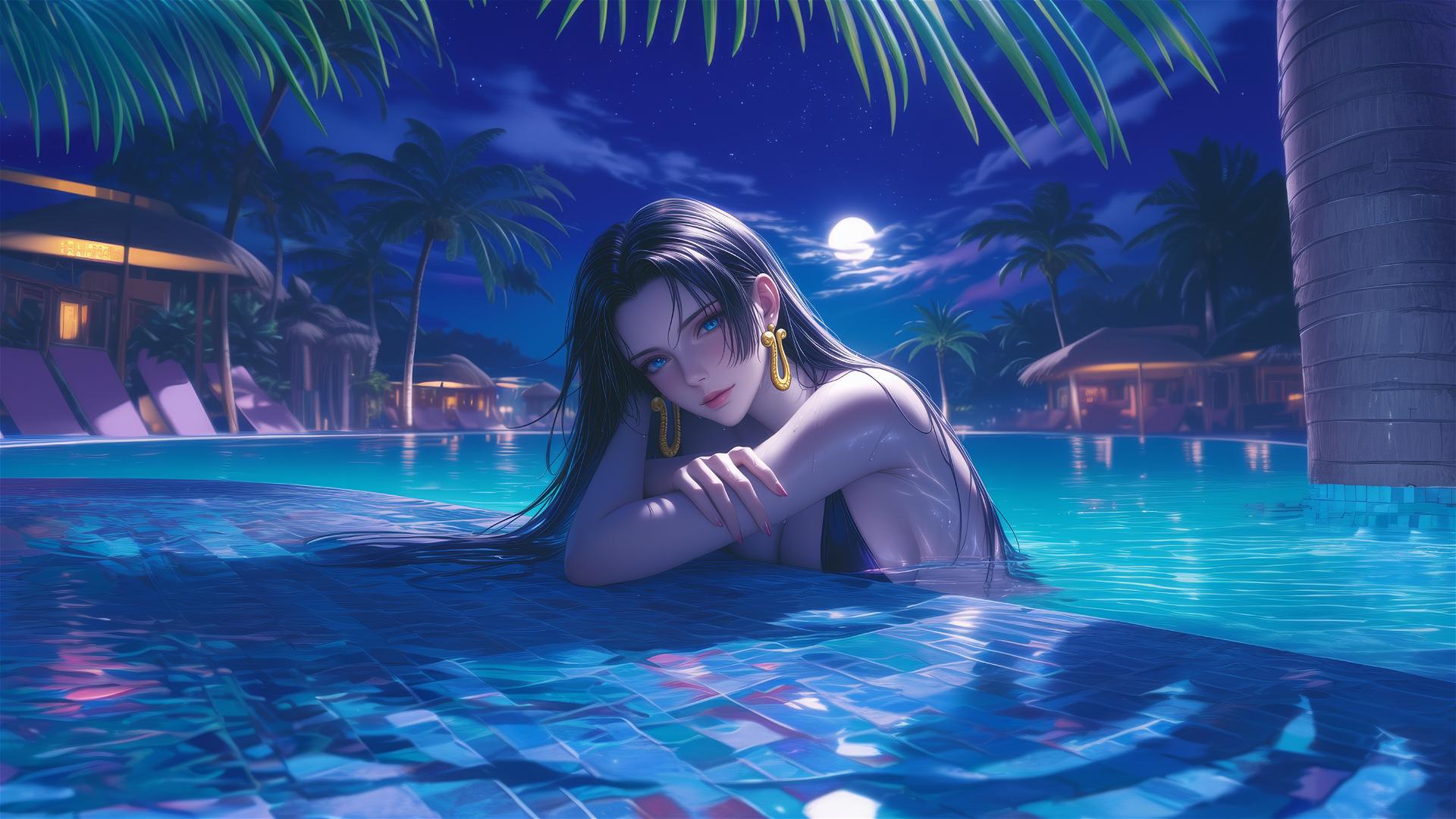 Boa Hancock resting by the pool under moonlight
