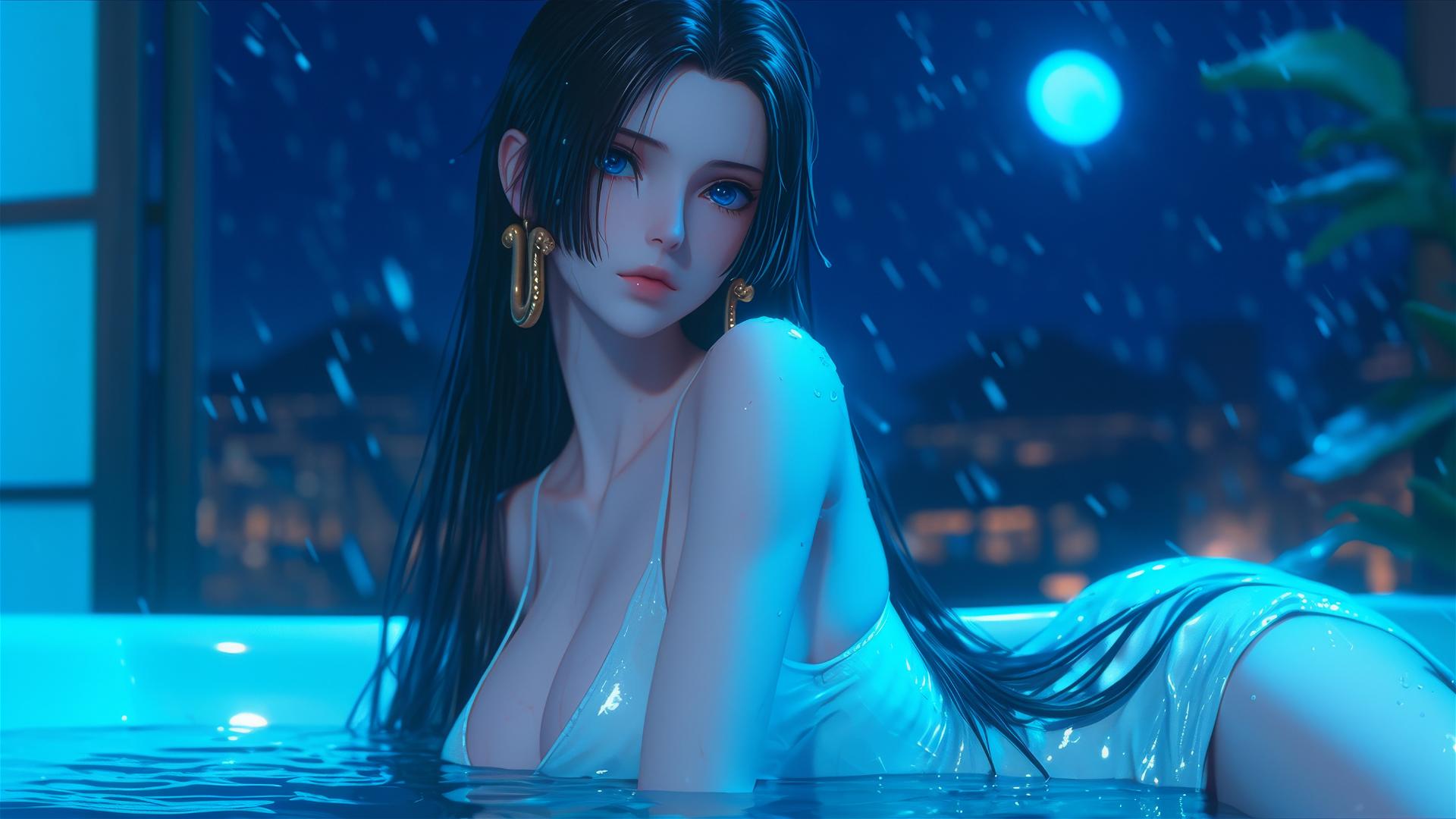 Boa Hancock resting in a tub, illuminated by moonlight