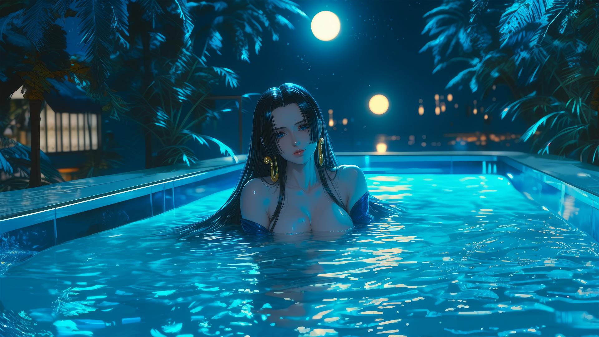Boa Hancock from One Piece rests in a tub, moonlight glow