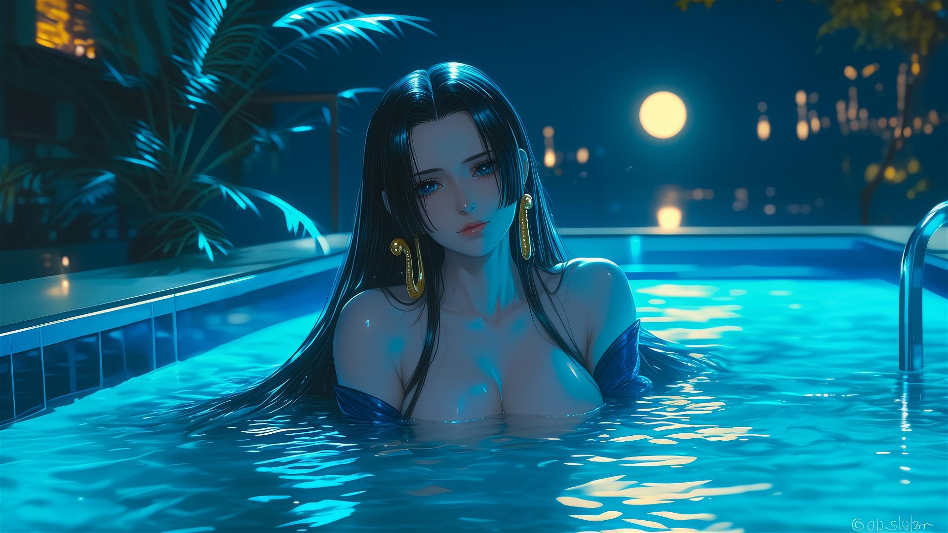 Boa Hancock from One Piece resting in a tub under moonlight.