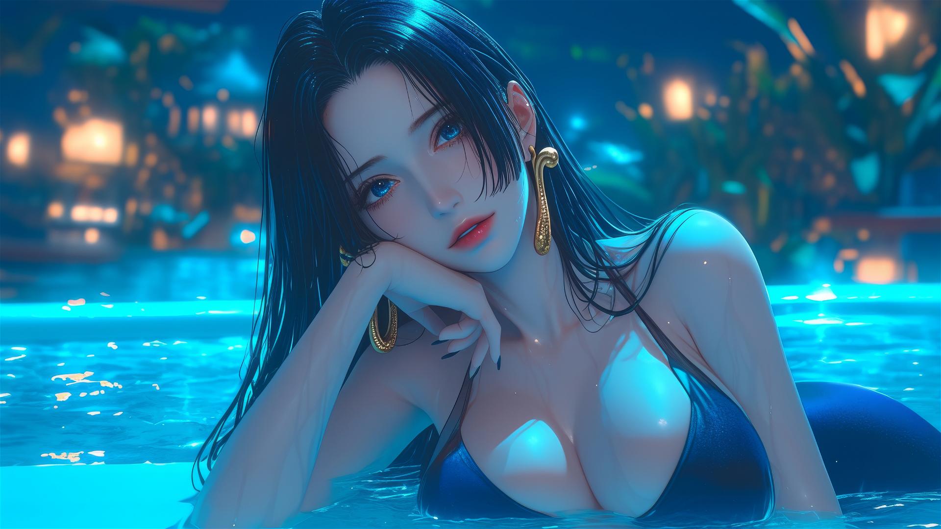 Boa Hancock from One Piece resting in a tub with moonlight glow
