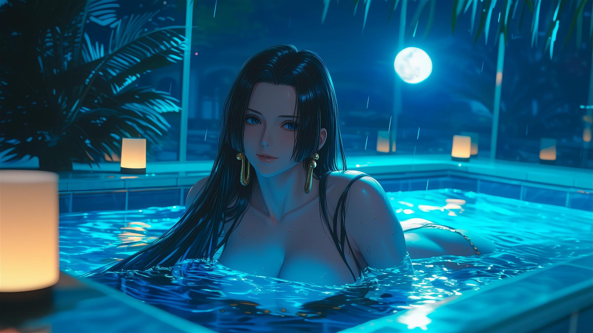 Boa Hancock from One Piece resting in a tub with moonlight glow