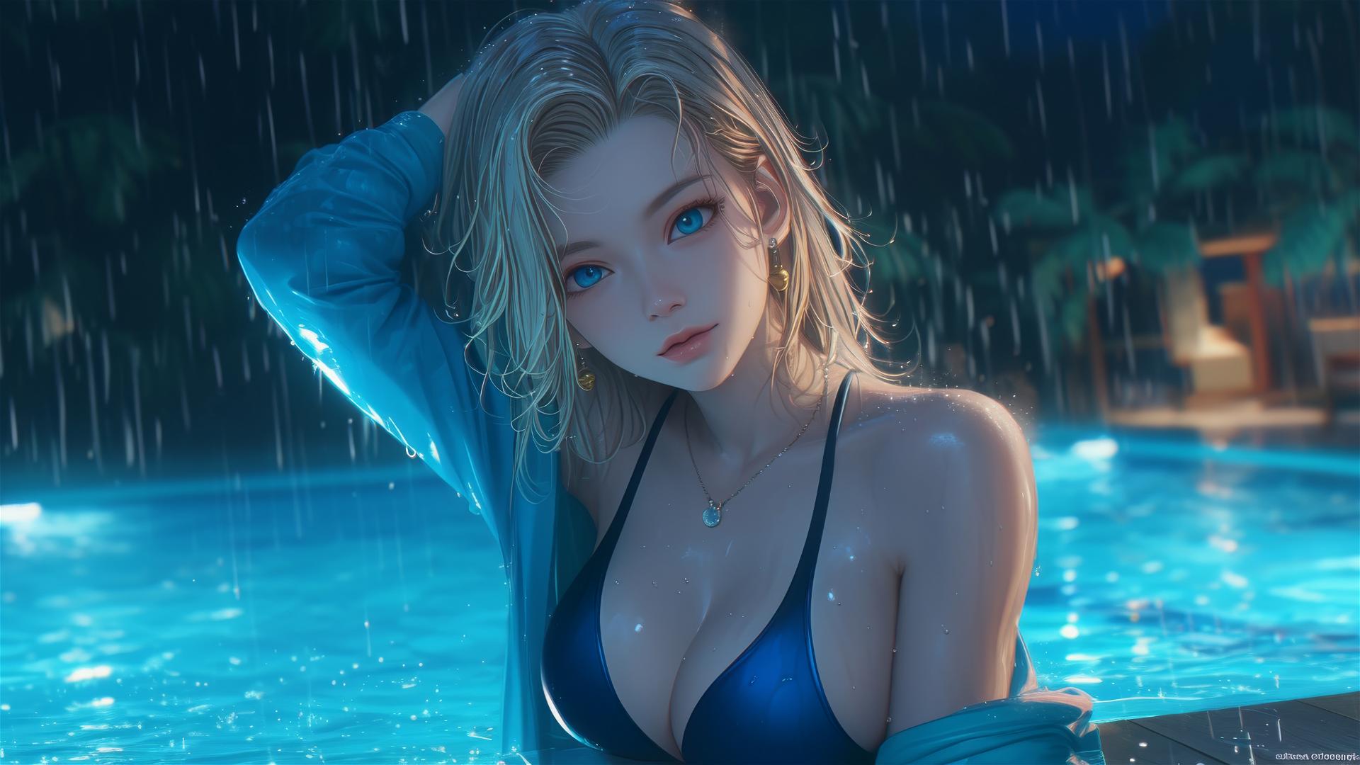 Android 18 rests by a rainy pool with moonlight glow