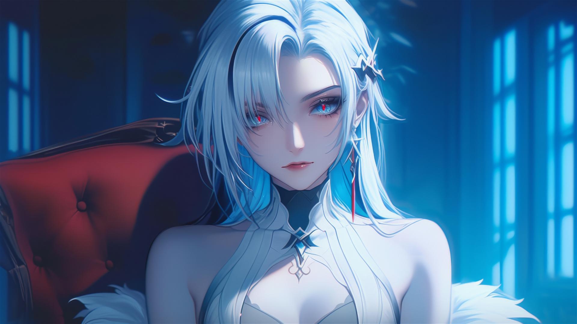 Arlecchino from Genshin Impact with snow white hair and red x-shaped pupils, resting in a moonlit modern hotel room.