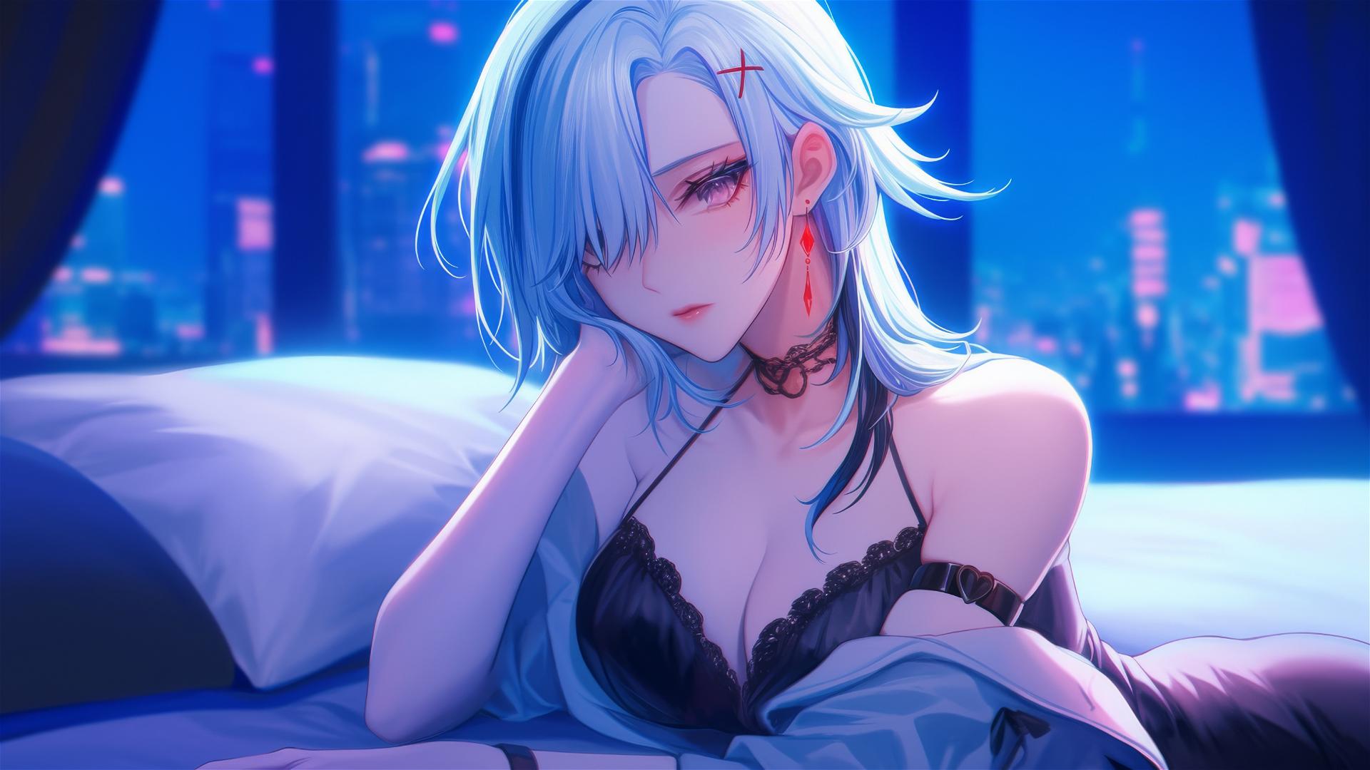 Arlecchino from Genshin Impact with snow white hair and red 'x'-shaped pupils, in a modern hotel room under moonlight.