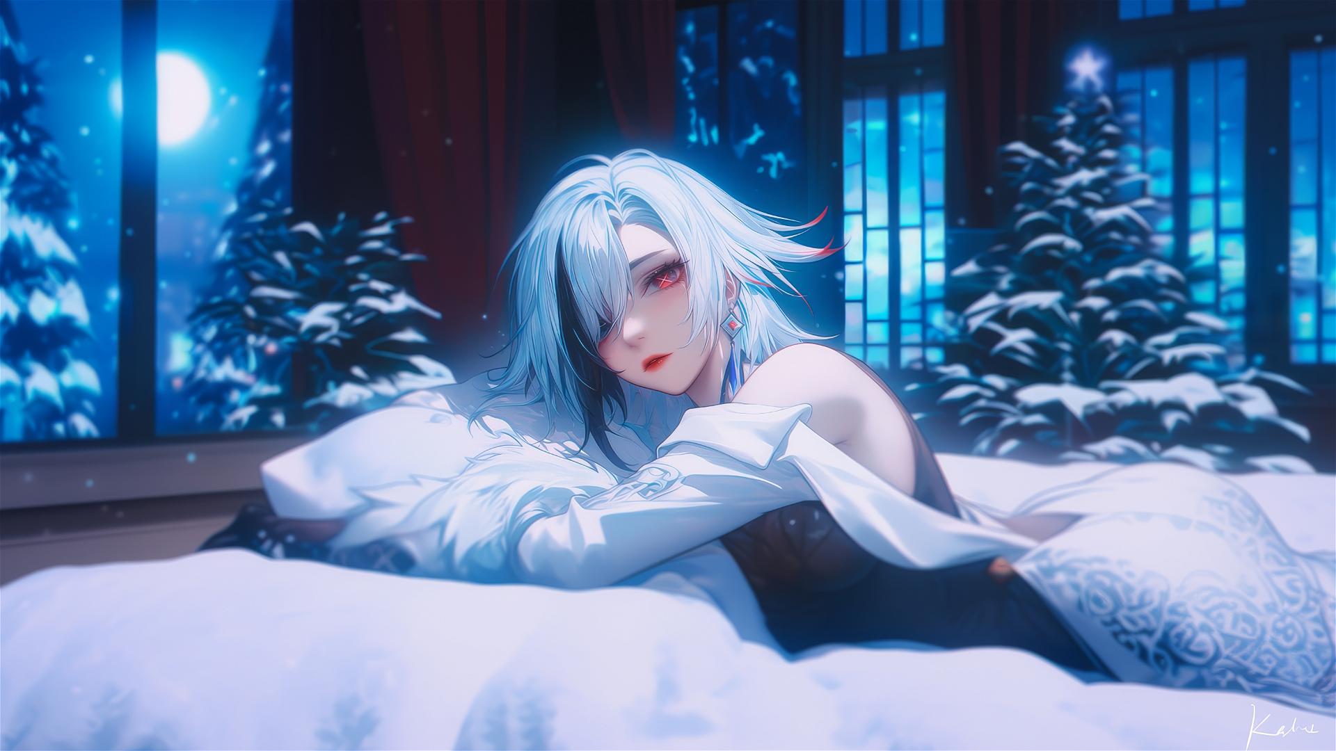 Arlecchino from Genshin Impact with black-streaked snow white hair and red X-shaped pupils, resting in a moonlit modern hotel room.