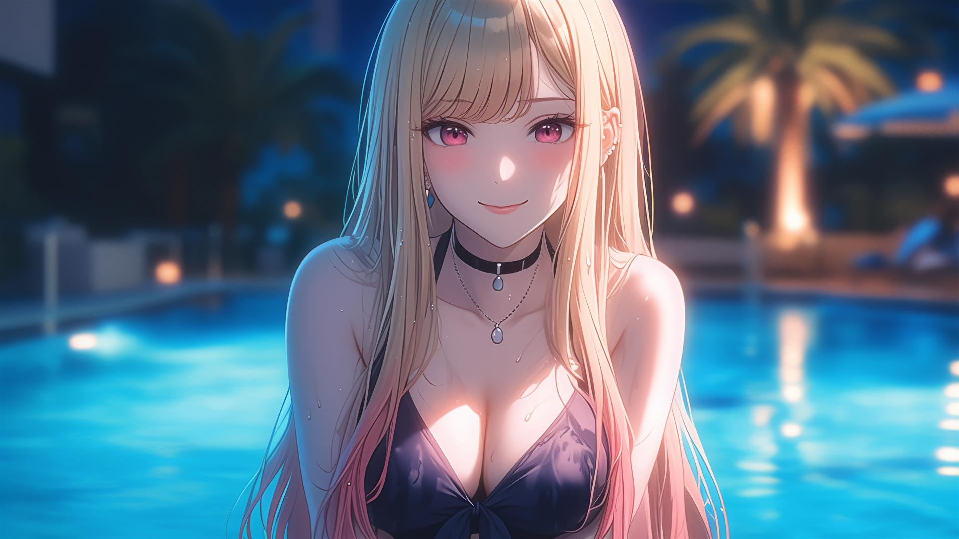 Marin Kitagawa resting at a rainy swimming pool under moonlight