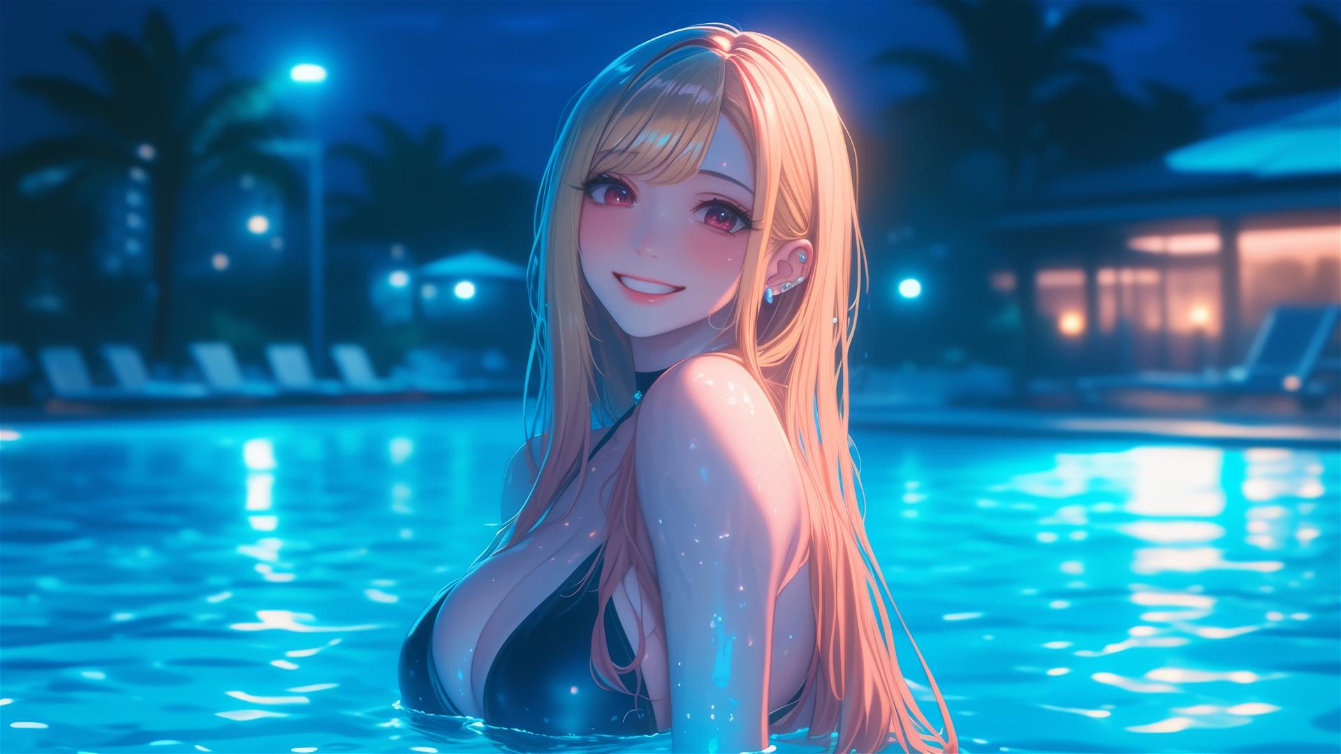Marin Kitagawa sitting by a rainy pool under moonlight with silky blonde hair