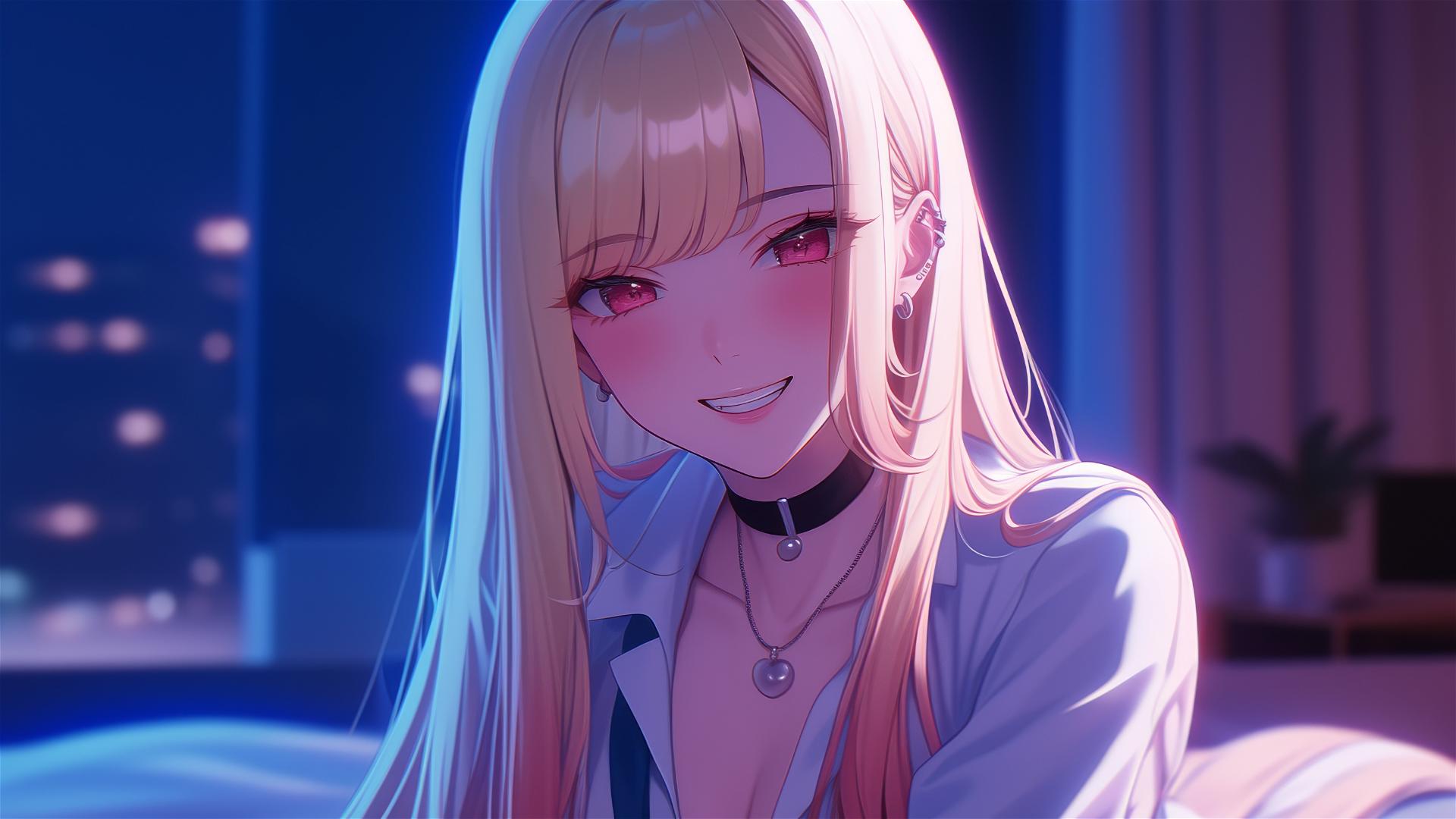 Marin Kitagawa sits on a hotel bed, moonlight highlighting her silky blonde hair and pinkish eyes.
