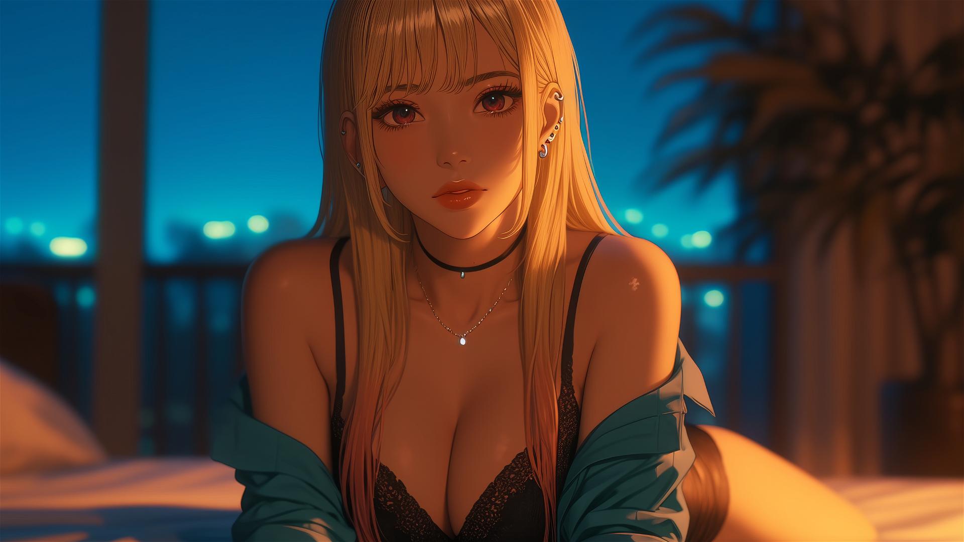 Marin Kitagawa sitting on hotel bed in moonlight with pinkish-orange hair