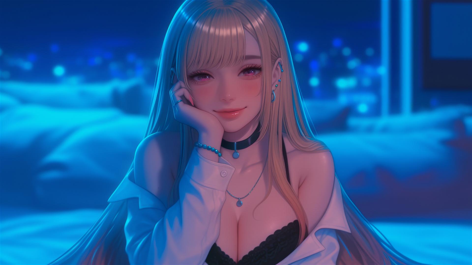Marin Kitagawa sitting on hotel bed with moonlight casting a soft glow