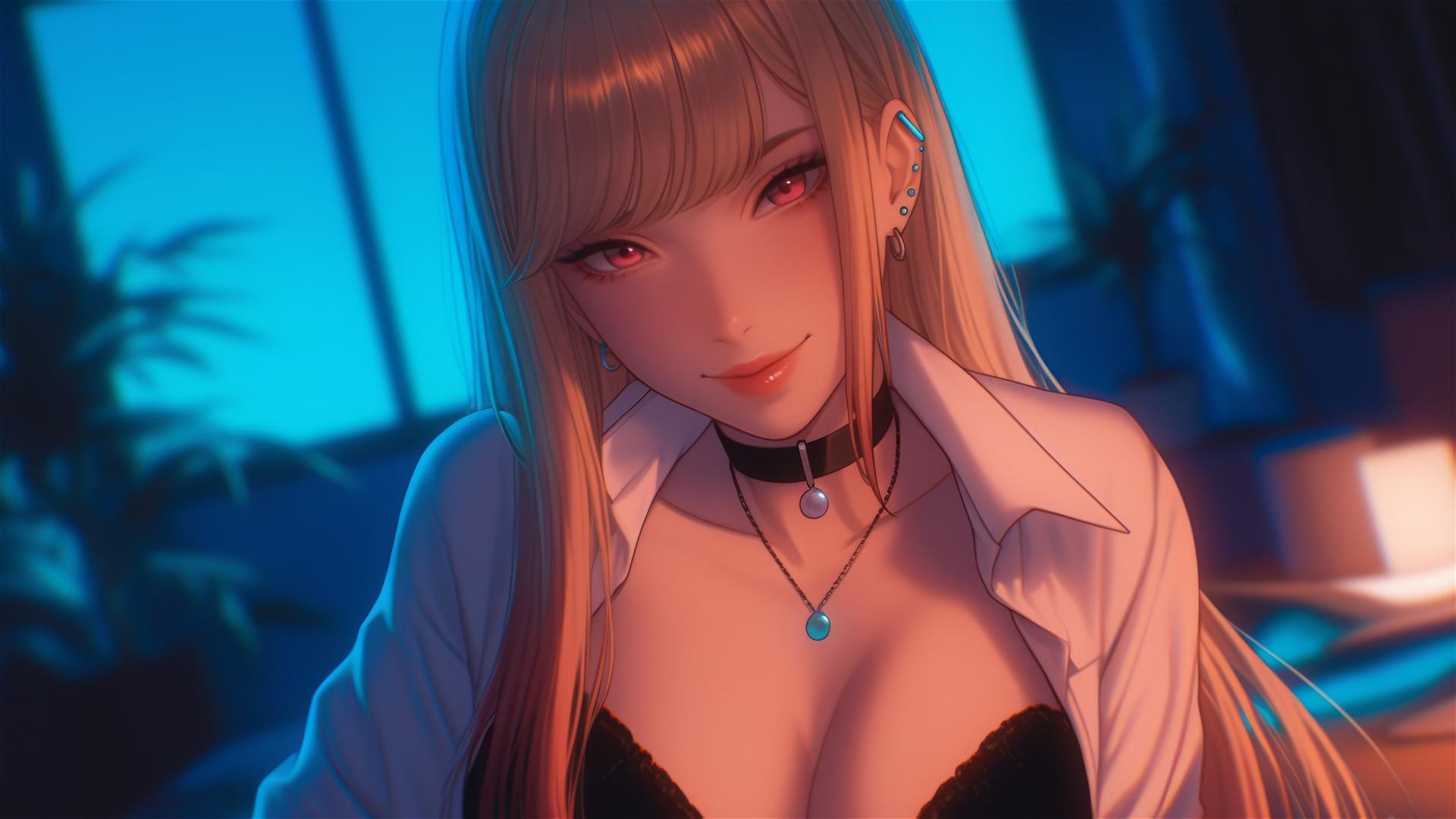Marin Kitagawa sitting on hotel bed, moonlight casting soft glow, silky blonde hair with pink tips, pinkish eyes.