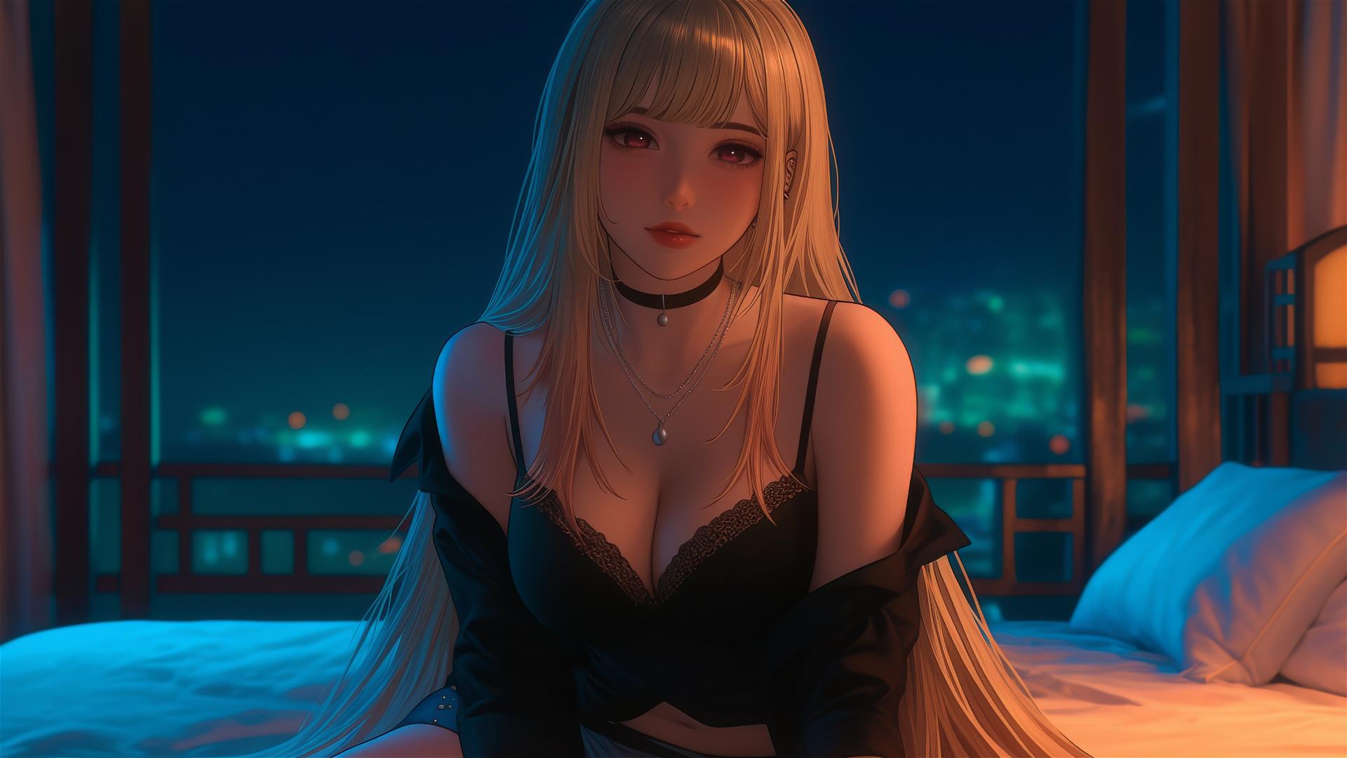 Marin Kitagawa on a hotel bed, moonlight glow, blonde hair with pink tips, pink eyes