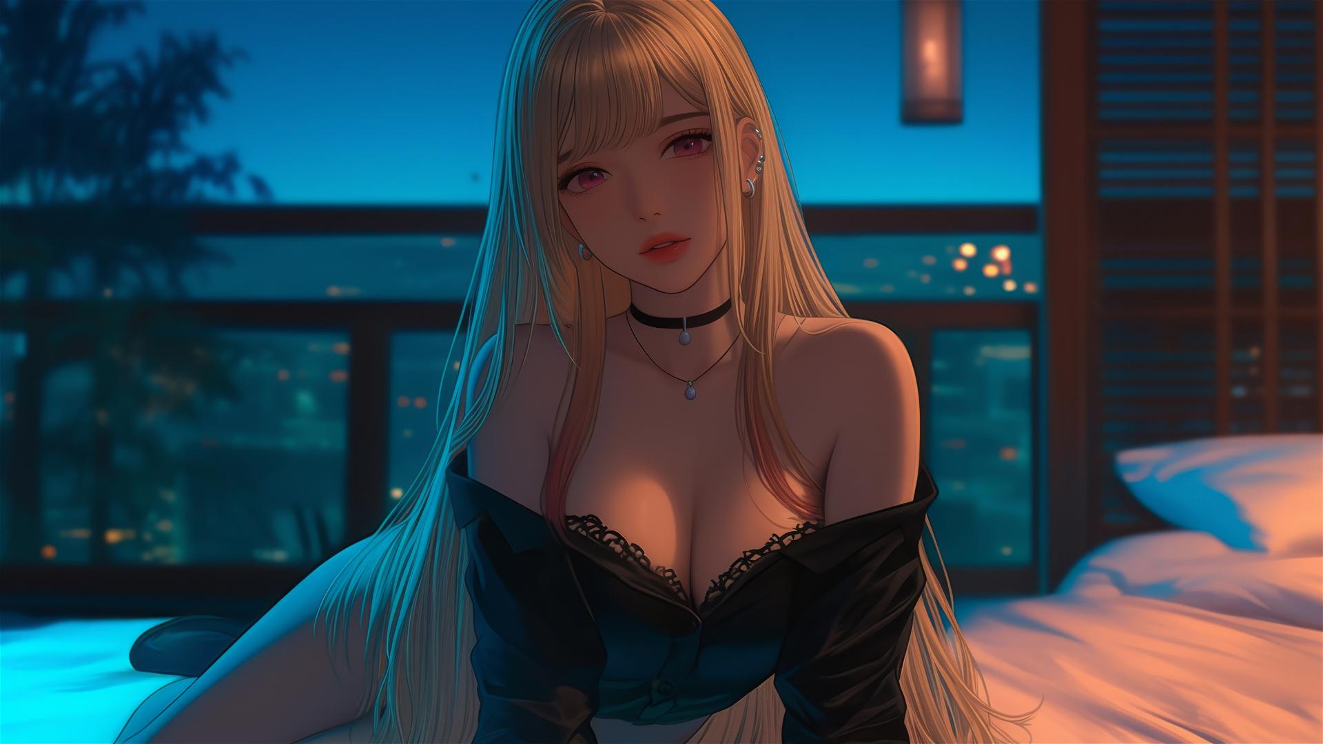 Marin Kitagawa sitting on a hotel bed with moonlight casting a soft glow