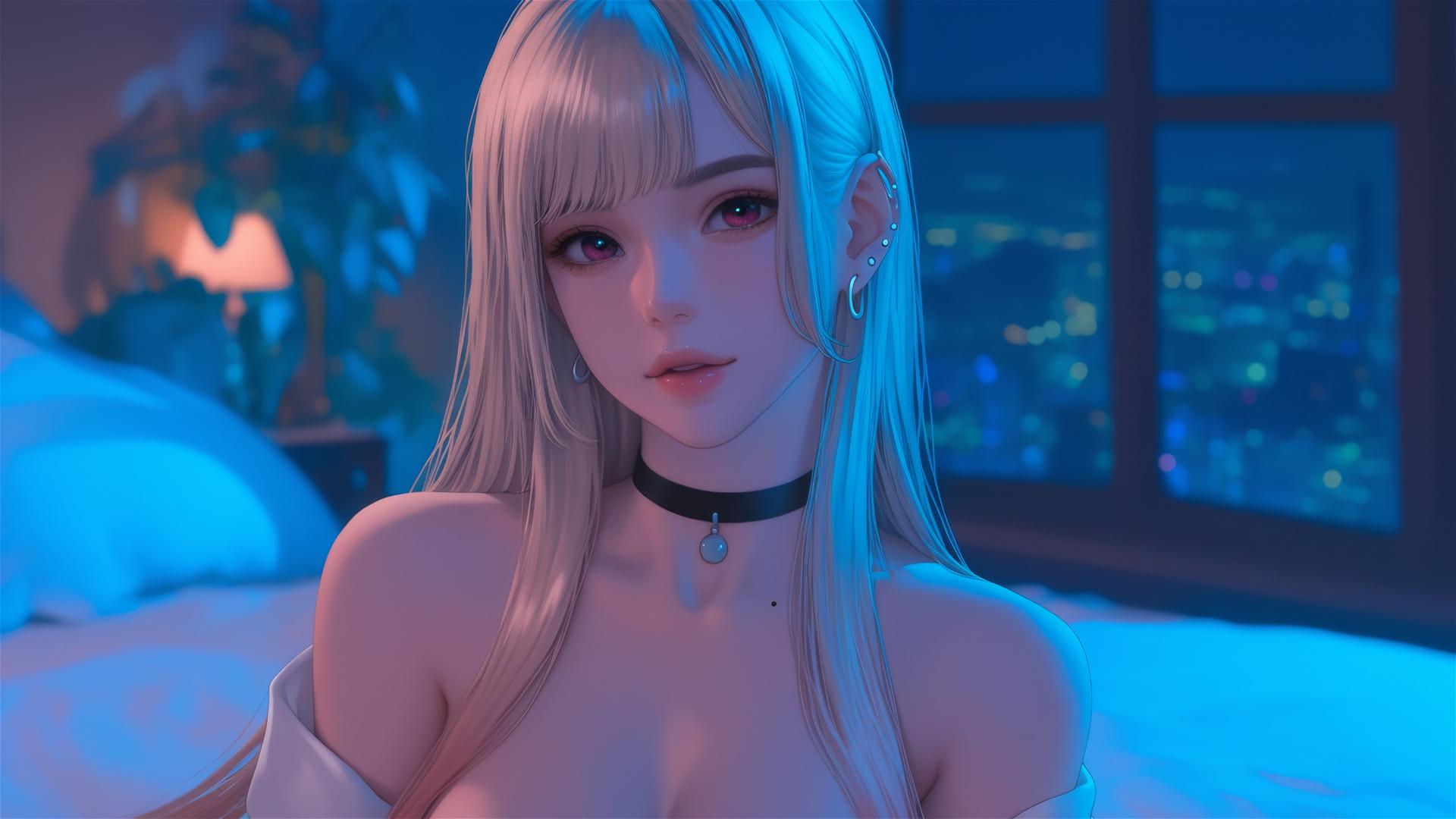 Marin Kitagawa sits leisurely on a hotel bed, moonlight casting a soft glow.